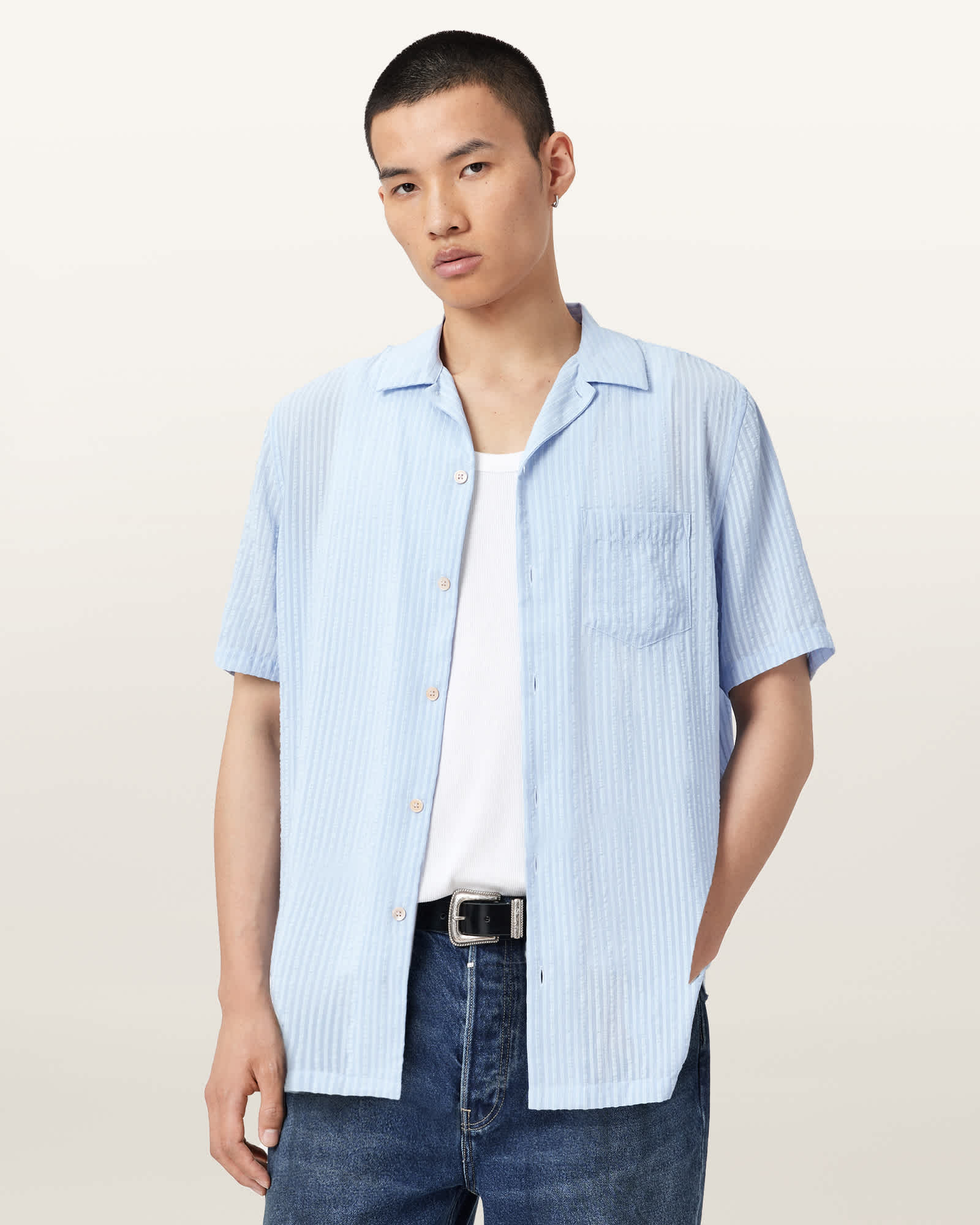 AllSaints Perry Short Sleeve Striped Shirt,, Kentucky Blue