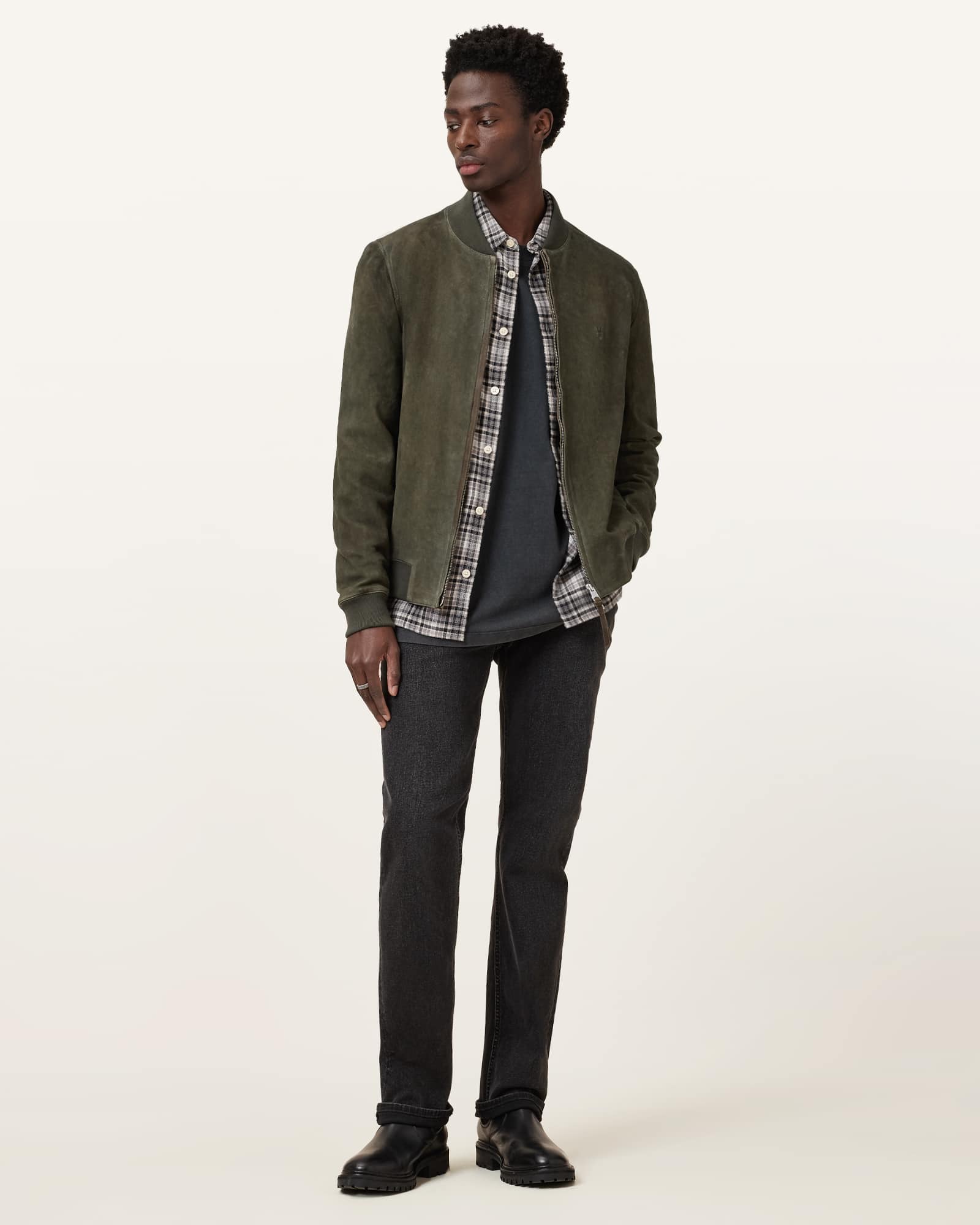 AllSaints Buckley Suede Bomber Jacket,, Military Green