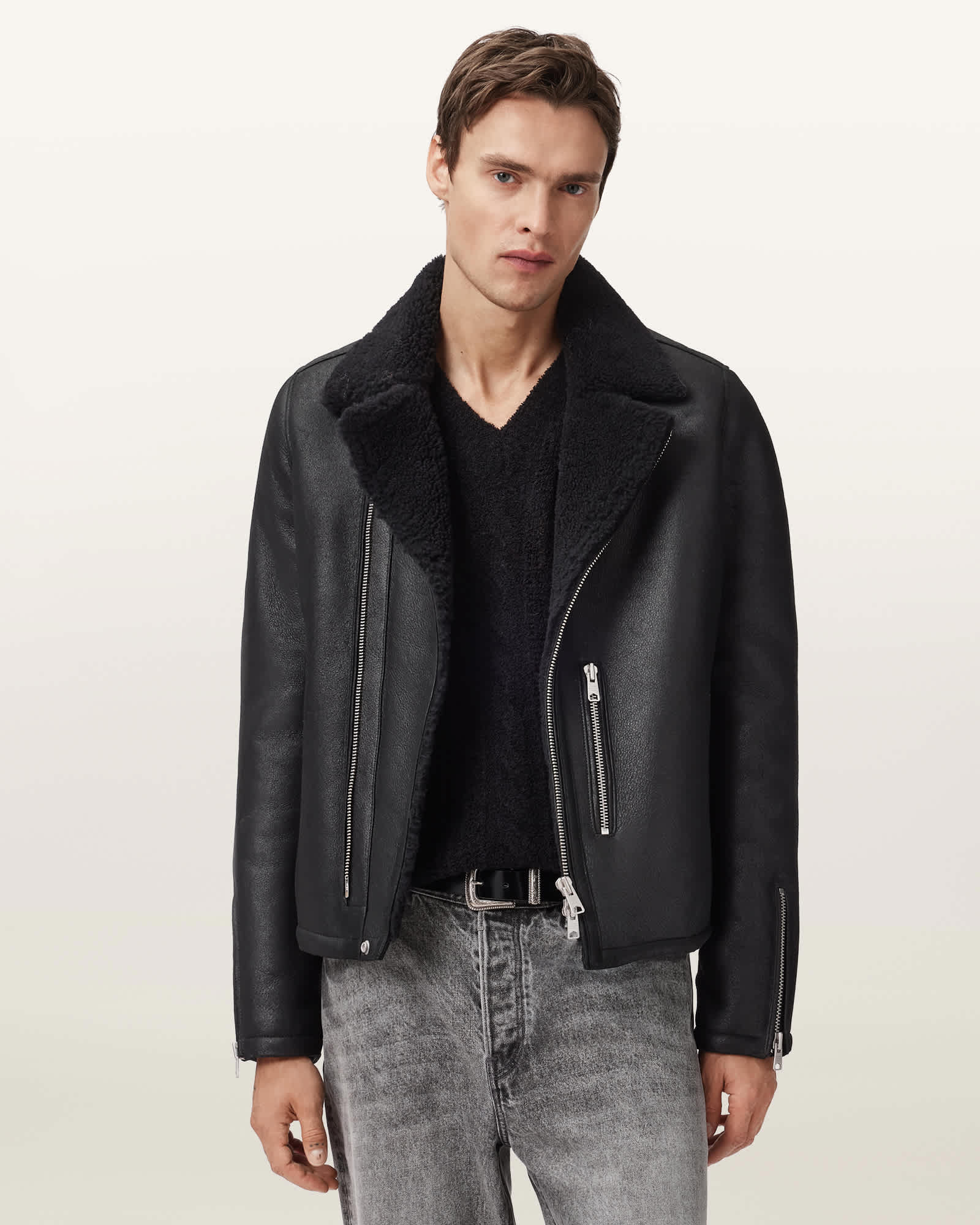 Allsaints Correz Shearling Biker Jacket In Black