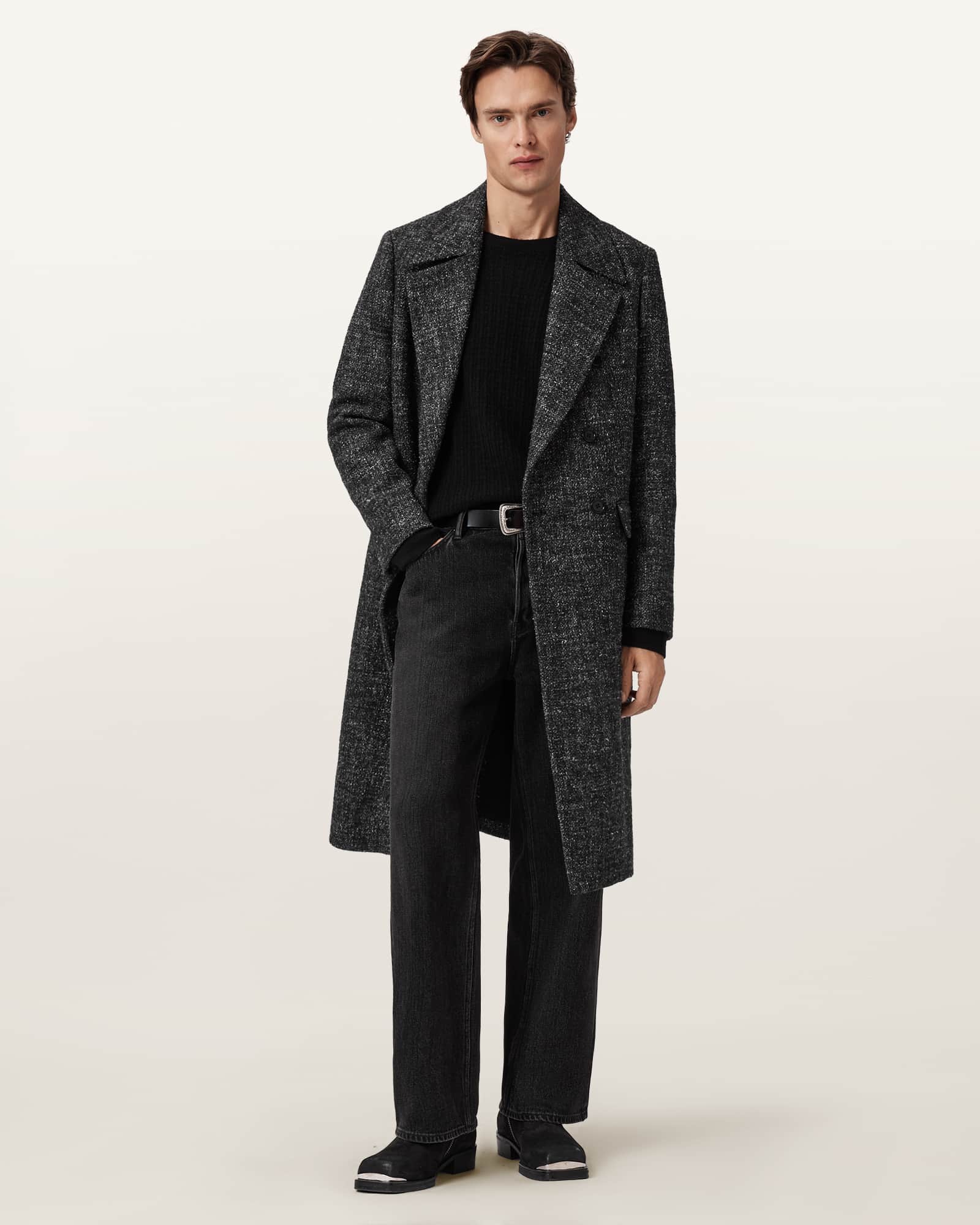 AllSaints Lincoln Double Breasted Coat,, Charcoal Grey