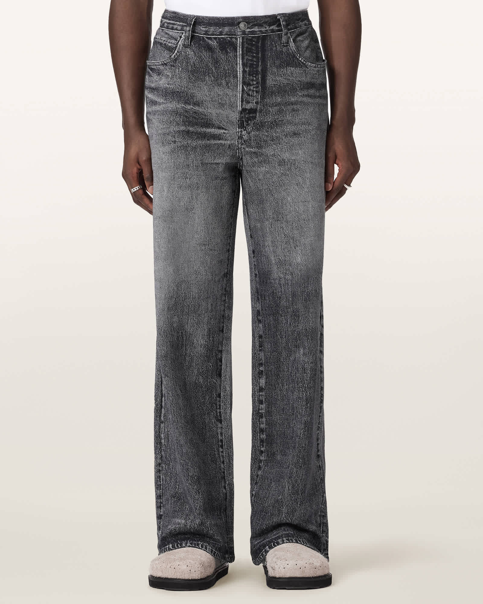 AllSaints Cotton Lenny Illusion Of Denim Wide Leg Trousers, Size: 36