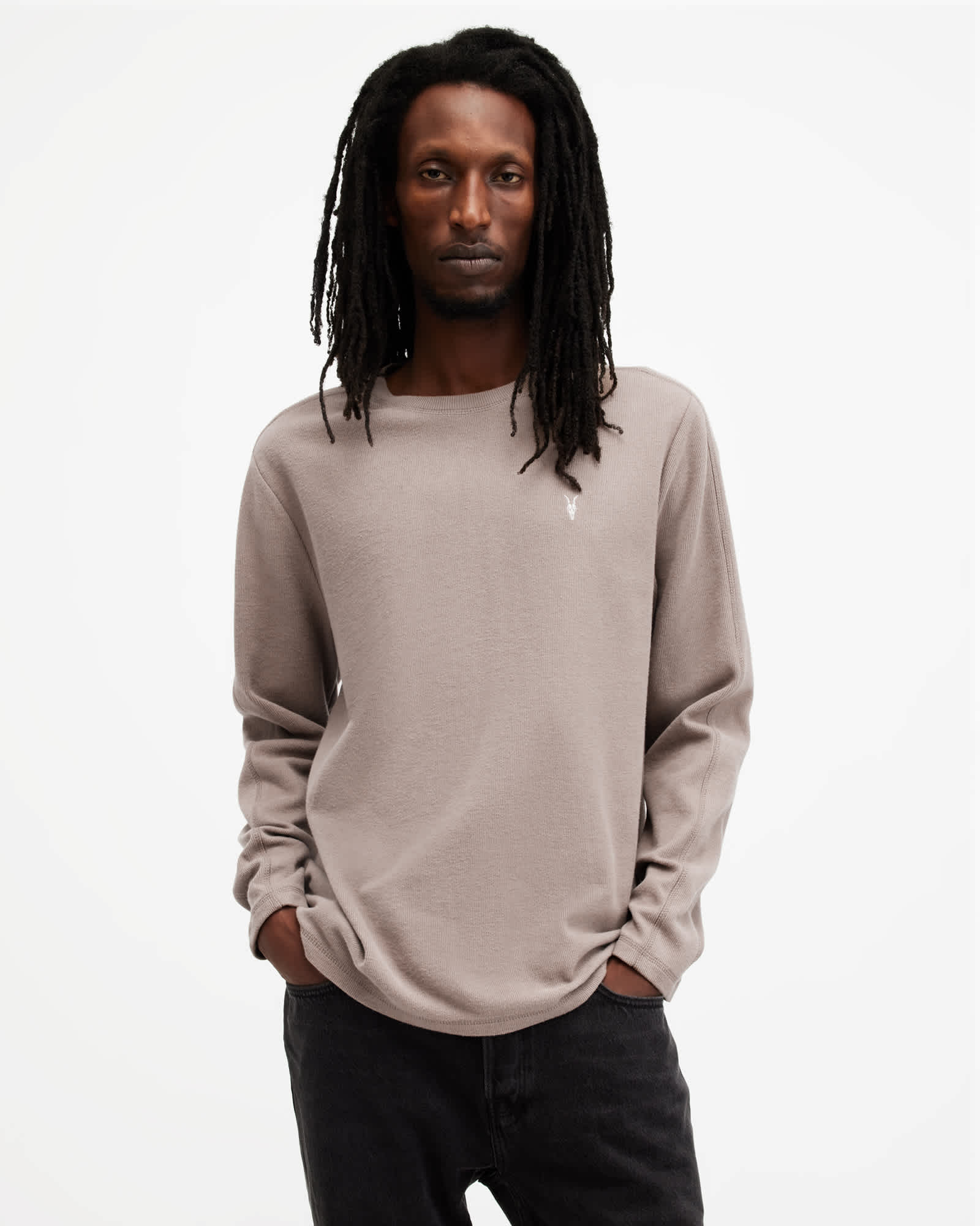AllSaints Rowe Long Sleeve Waffle Ramskull T-Shirt,, Brown