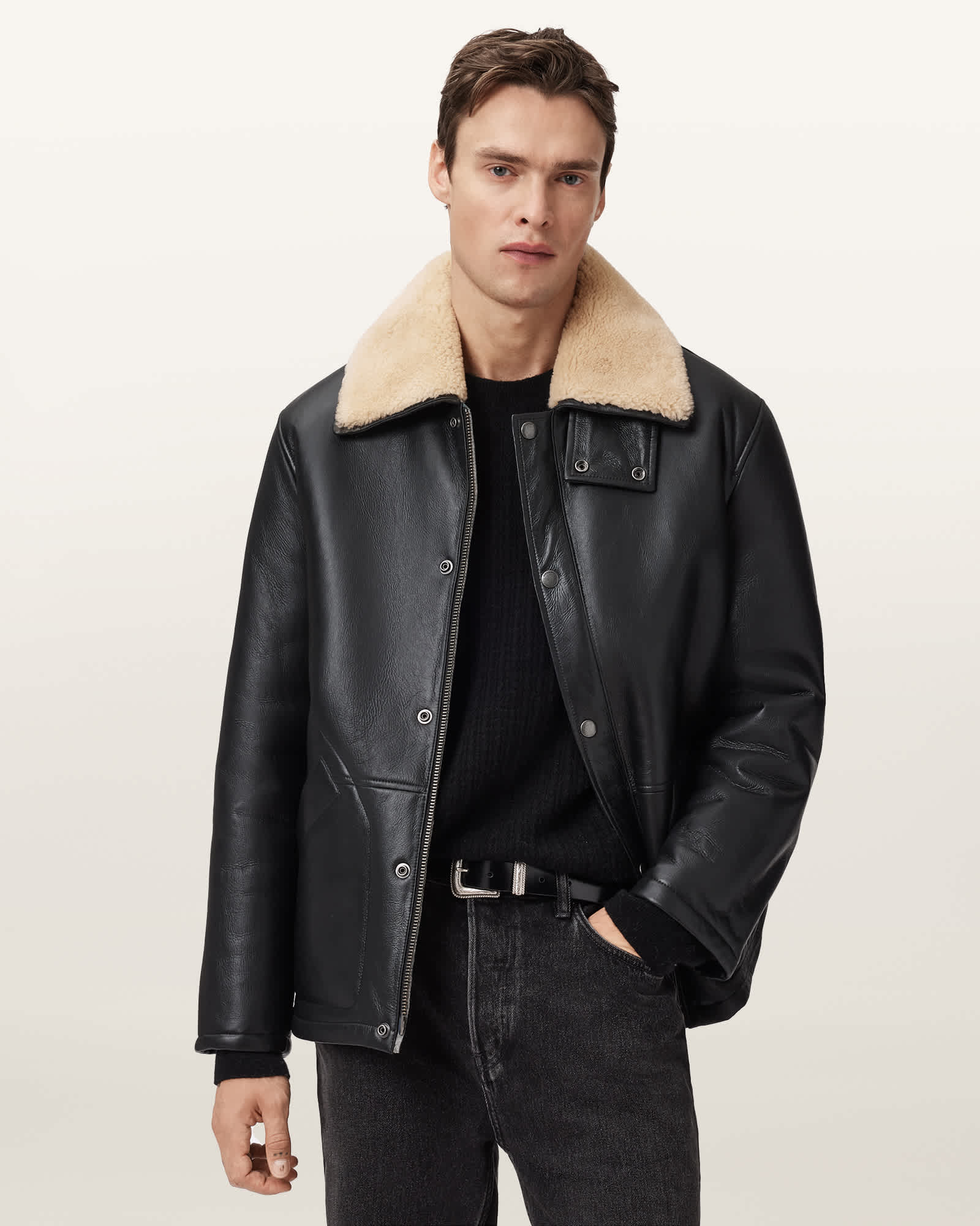 AllSaints Deunia Shearling Coat,, Black/Sand