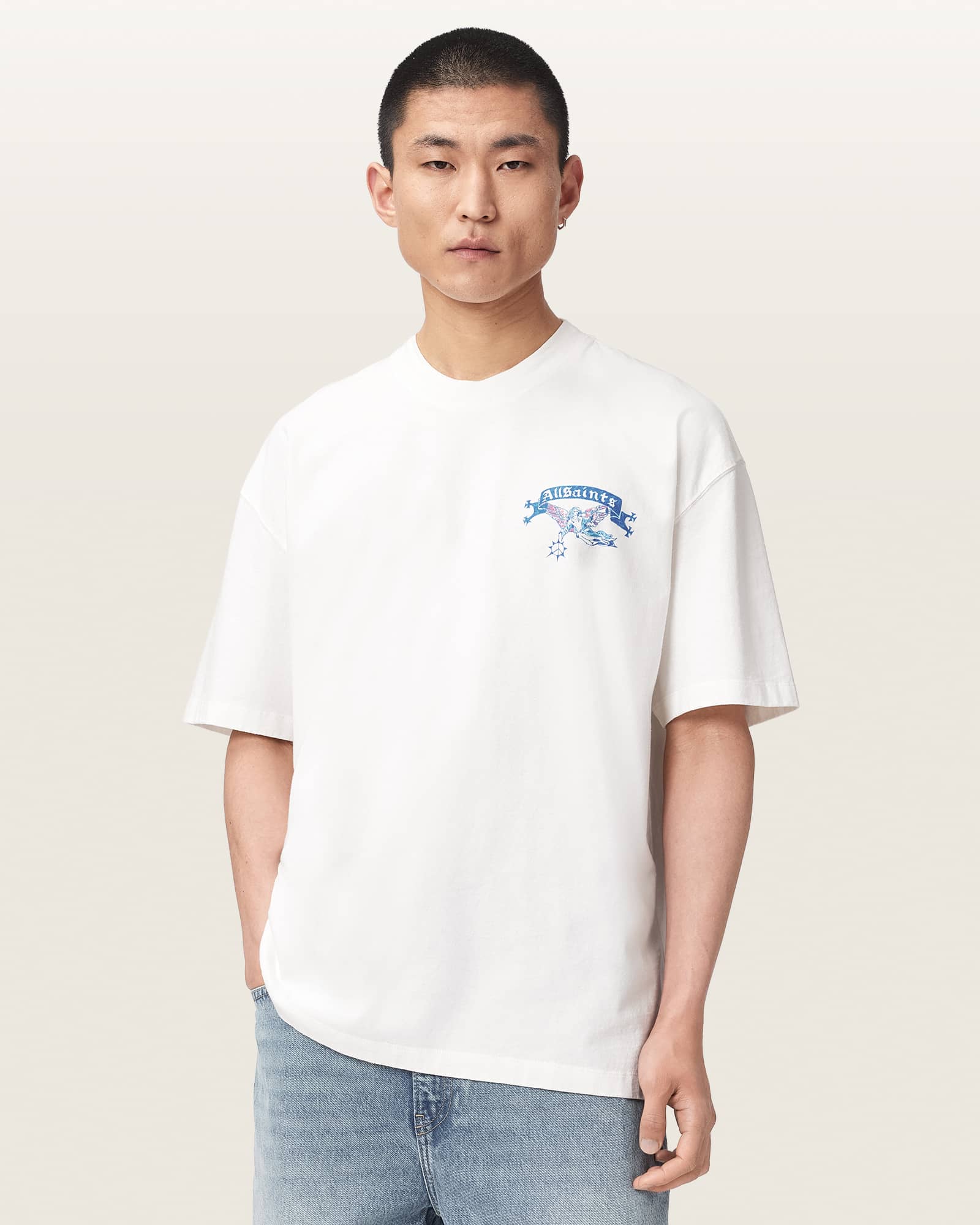 Allsaints Men's White Cray Oversized Short Sleeve Graphic T-Shirt - Size  S