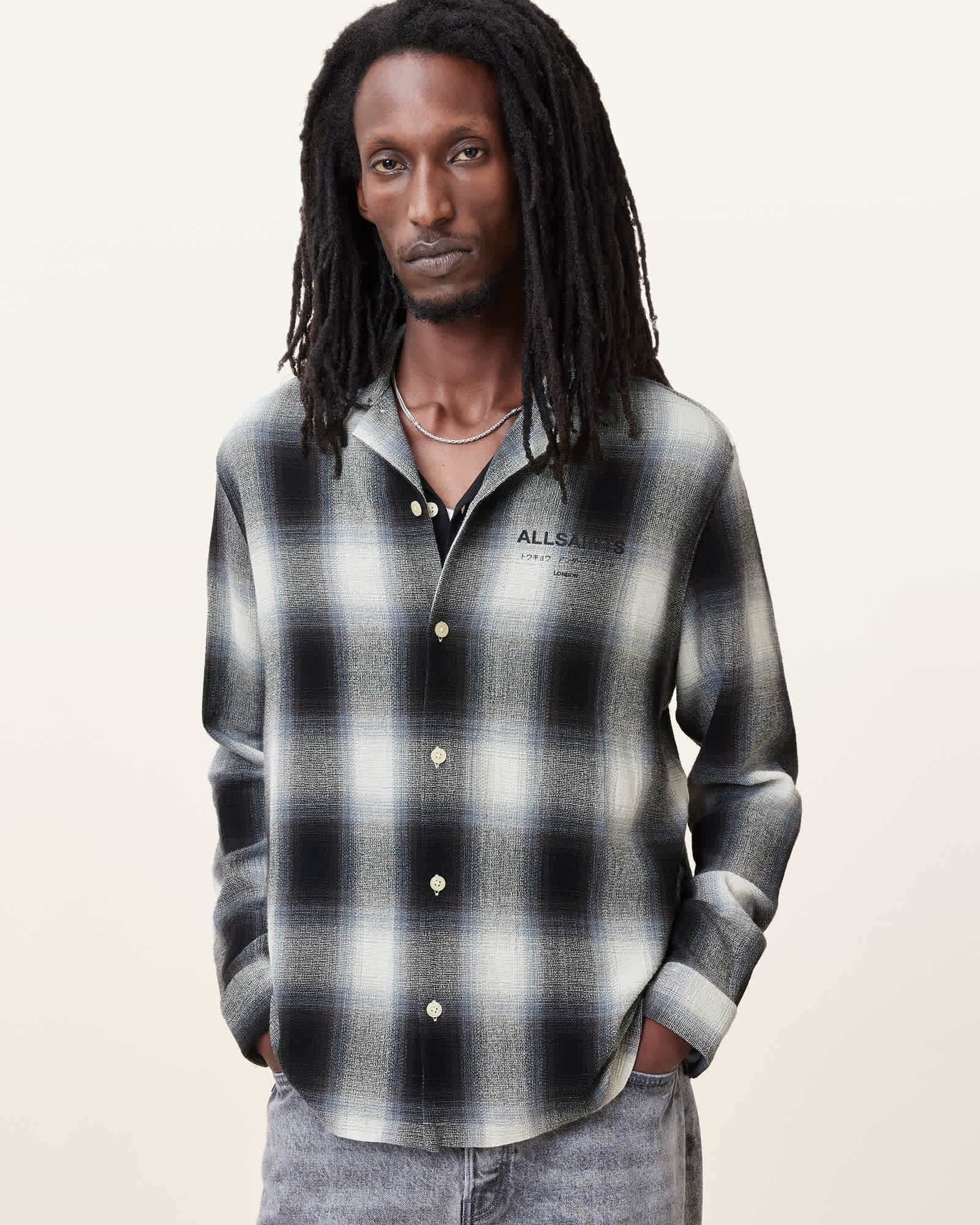 AllSaints Underfade Checked Long Sleeve Shirt,, Whisper Grey