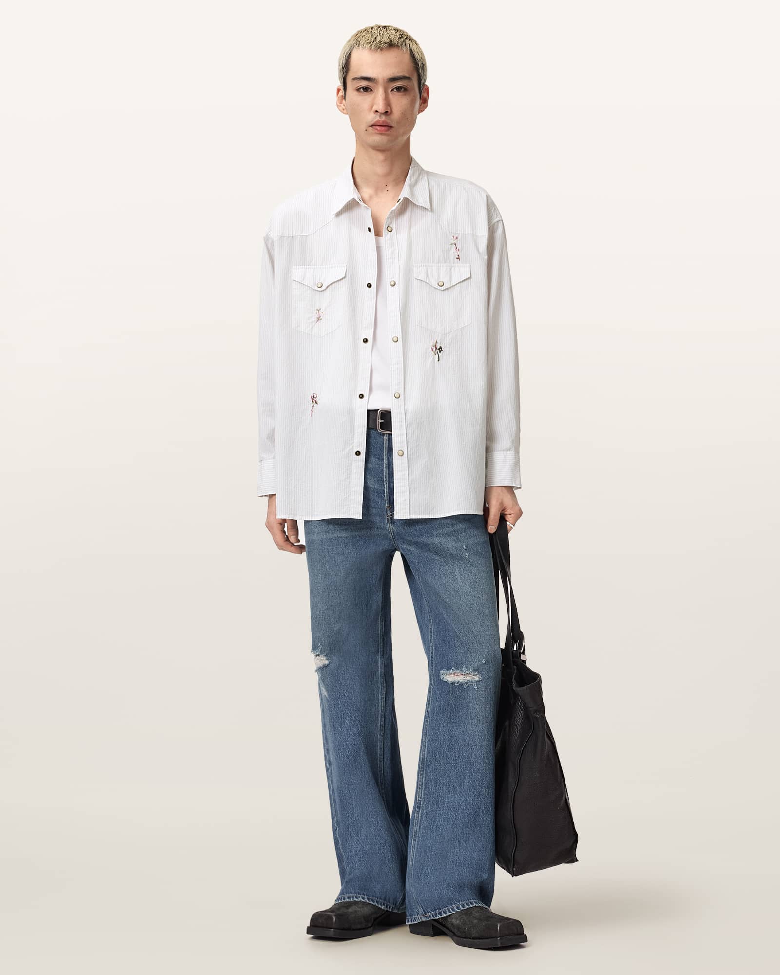 AllSaints Portman Oversized Embroidered Shirt,, White