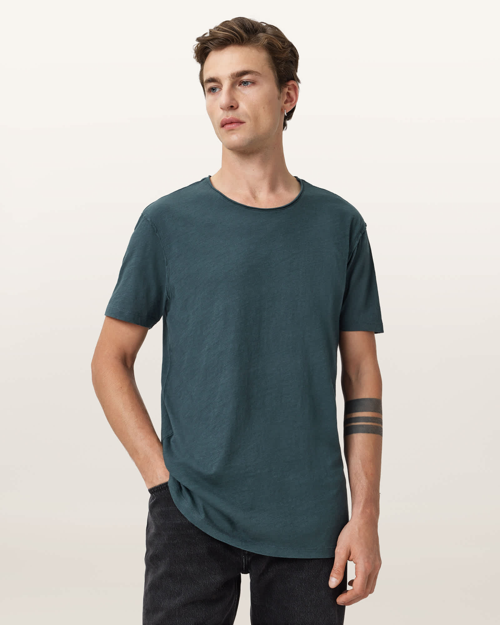 Allsaints Cotton Figure Crew Neck Raw Edge T-shirt In Blue