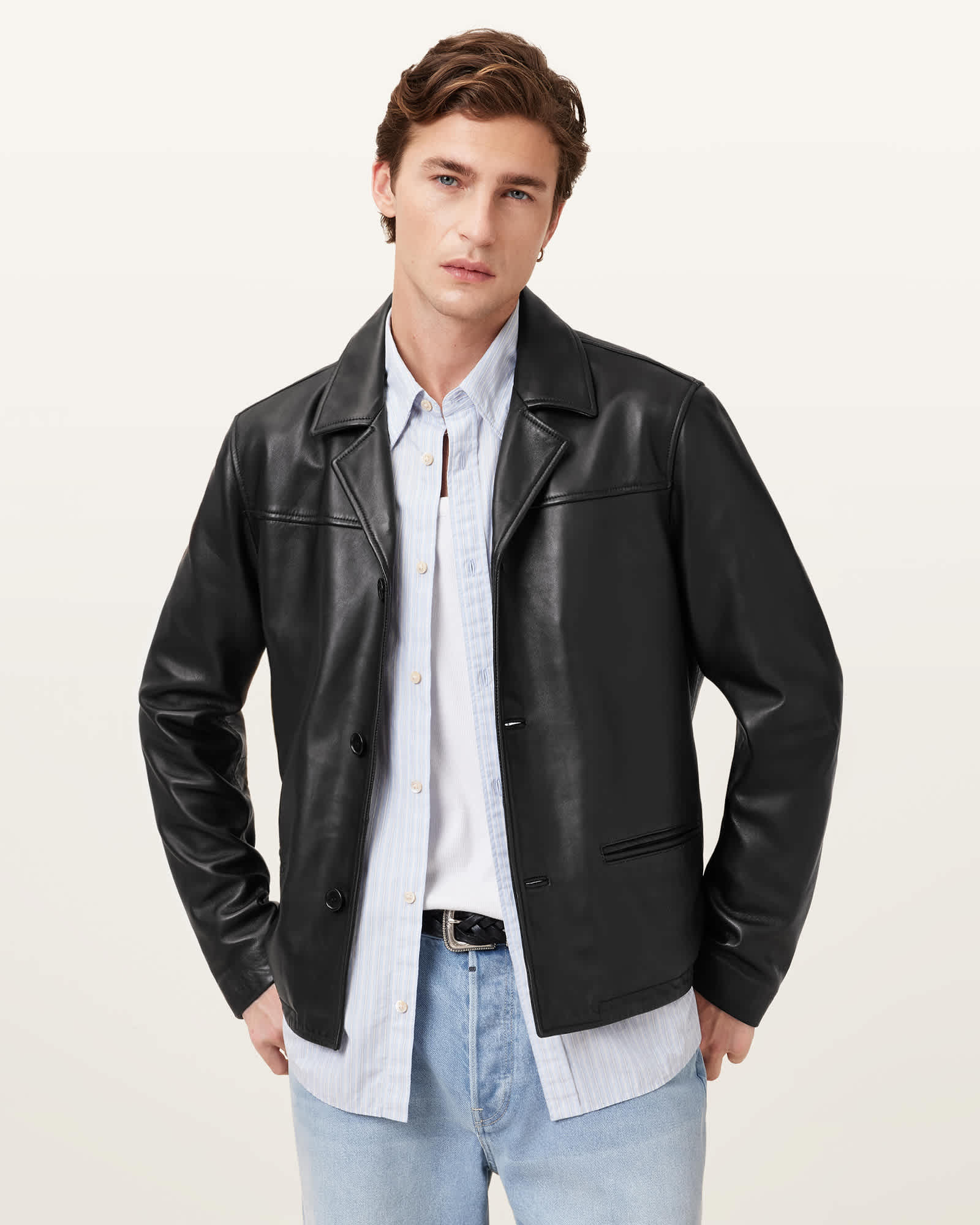 AllSaints Watts Cropped Leather Blazer,, Black