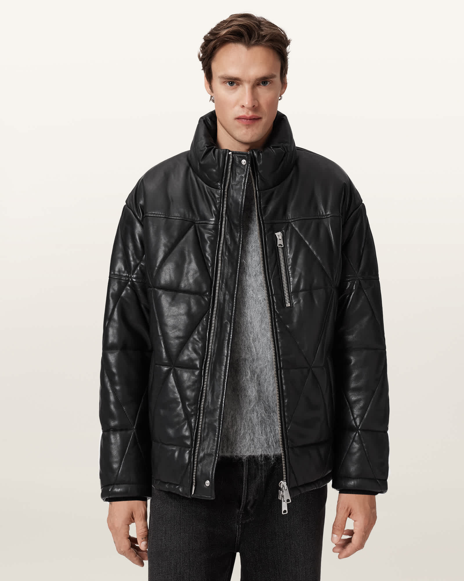 AllSaints Brockwell Leather Puffer Jacket,, Black