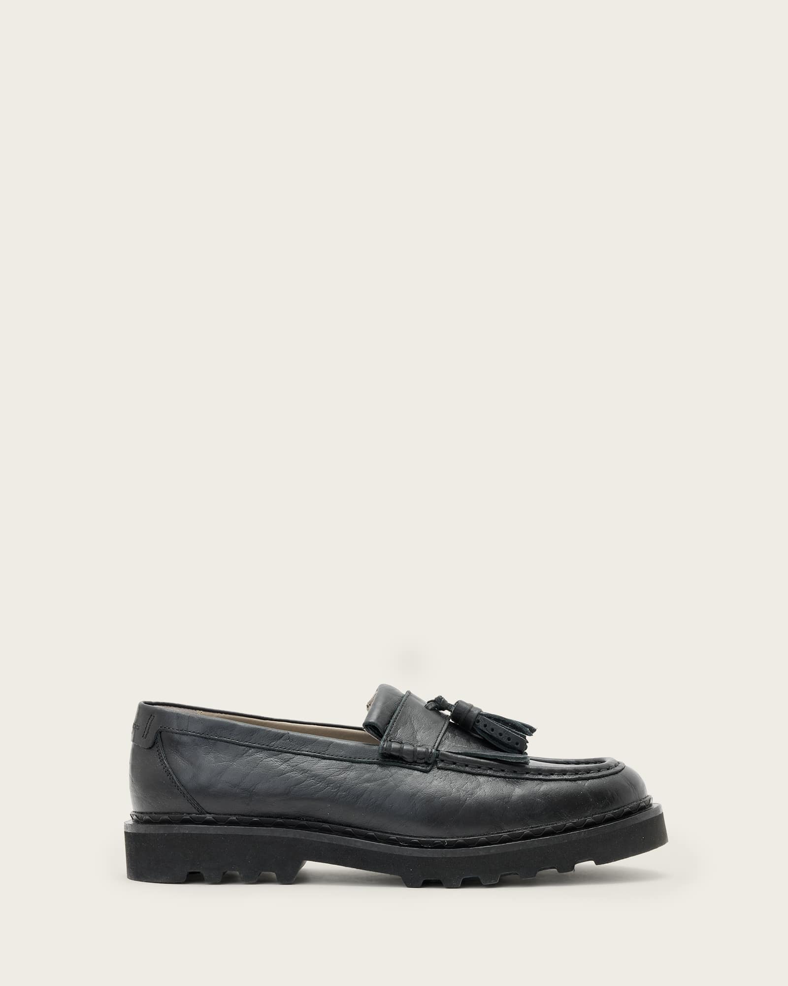 Allsaints Skiff Tassel Leather Loafers In Black