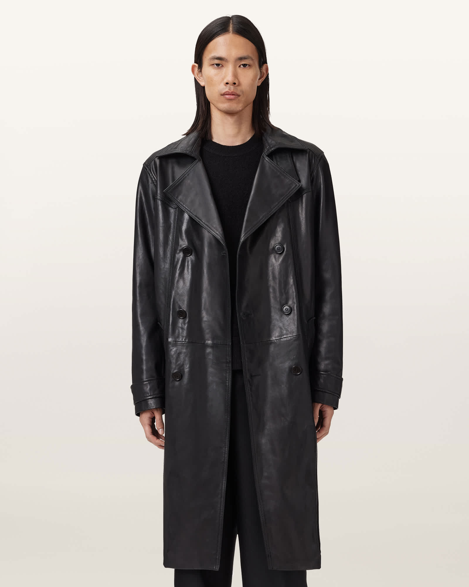 AllSaints Kellett Leather Trench Coat,, Black