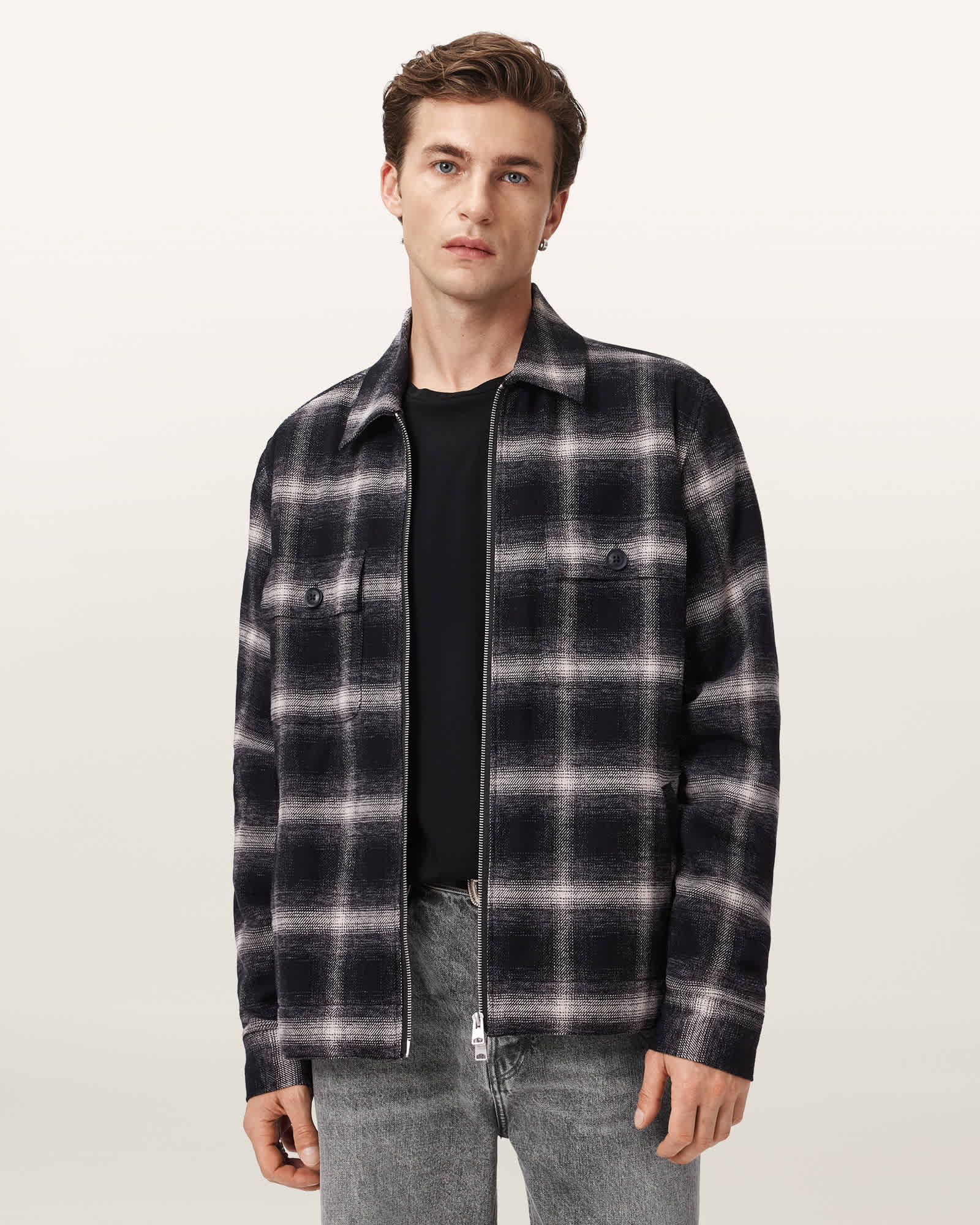 AllSaints Bayo Sherpa Checked Jacket,, Black