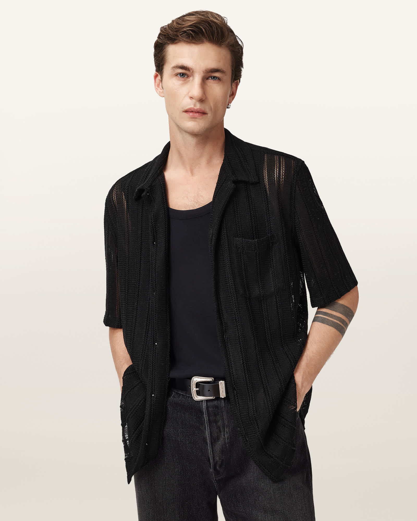 Allsaints Main: 100% Polyester Sylvan Short Sleeve Shirt In Black