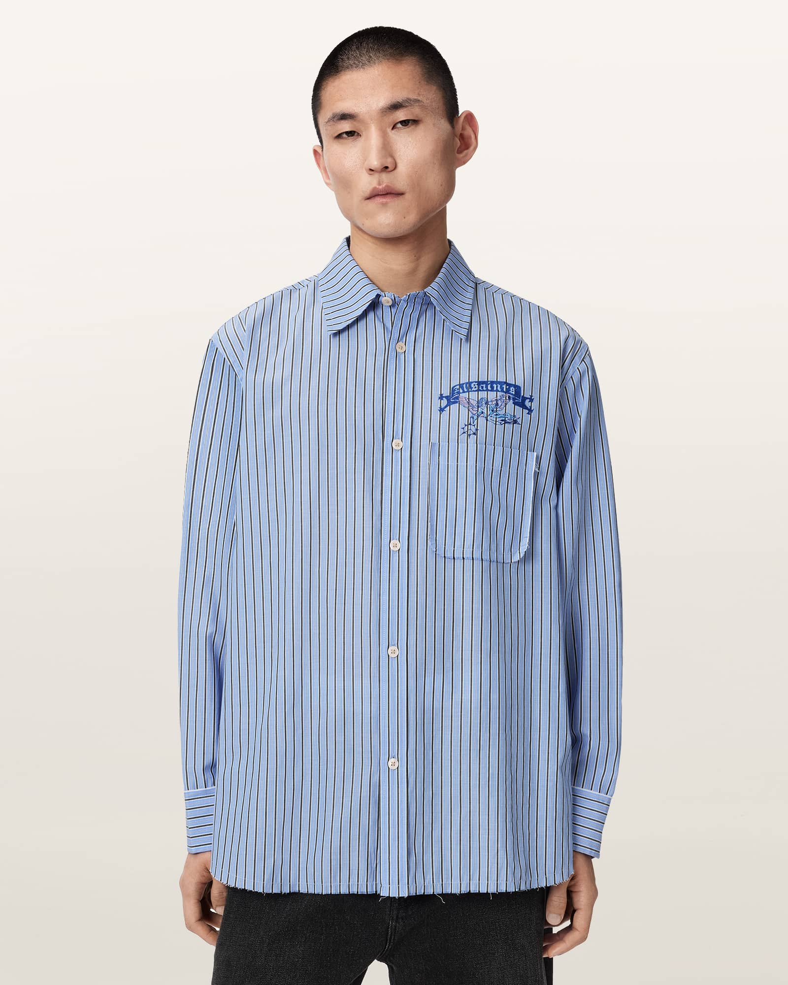 AllSaints Polyester Norte Oversized Long Sleeve Striped Shirt, Size: XS