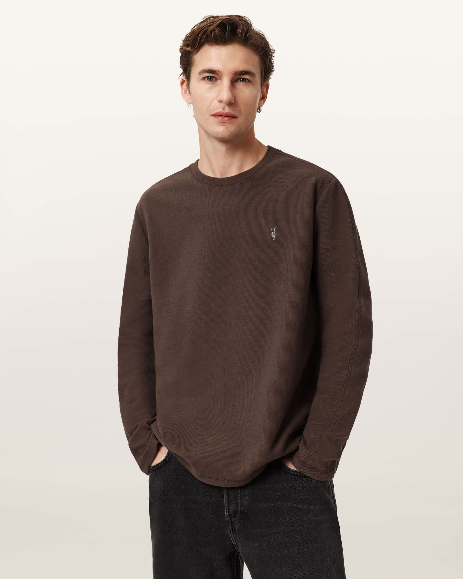 AllSaints Rowe Long Sleeve Ramskull Crew, Brown