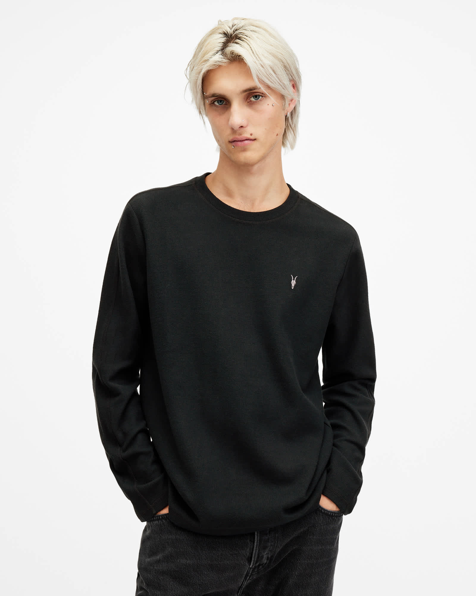 AllSaints Rowe Long Sleeve Ramskull Crew,, Jet Black