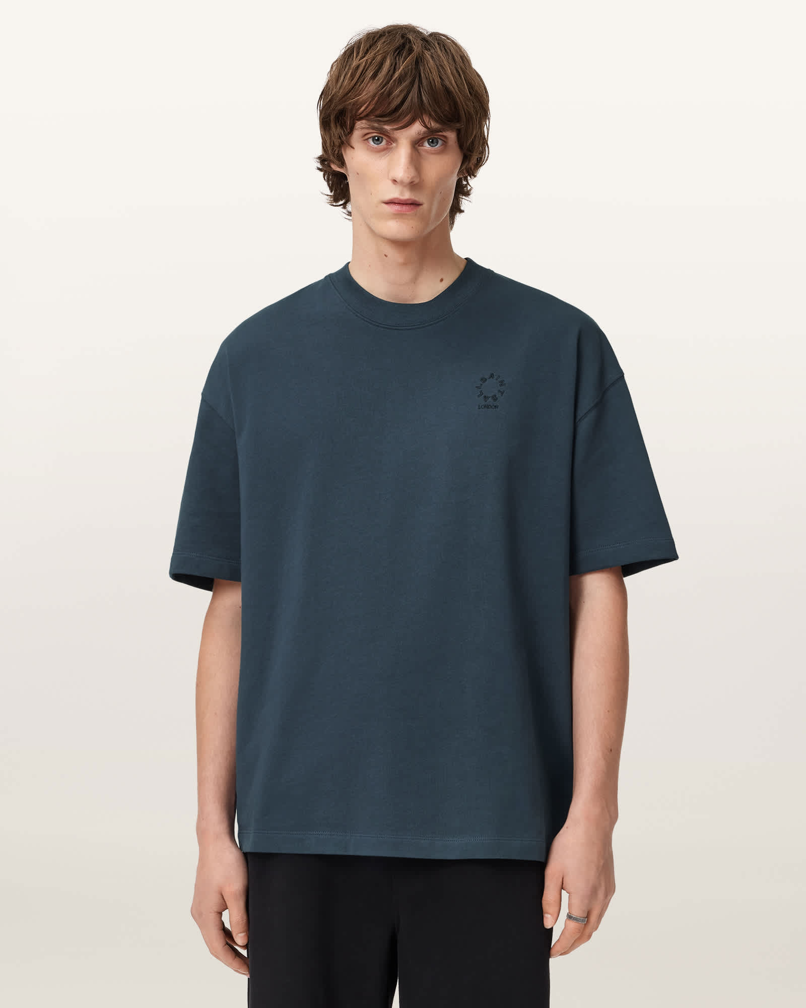 AllSaints Haven Embroidered Logo Oversized T-Shirt,, Moonstone Blue