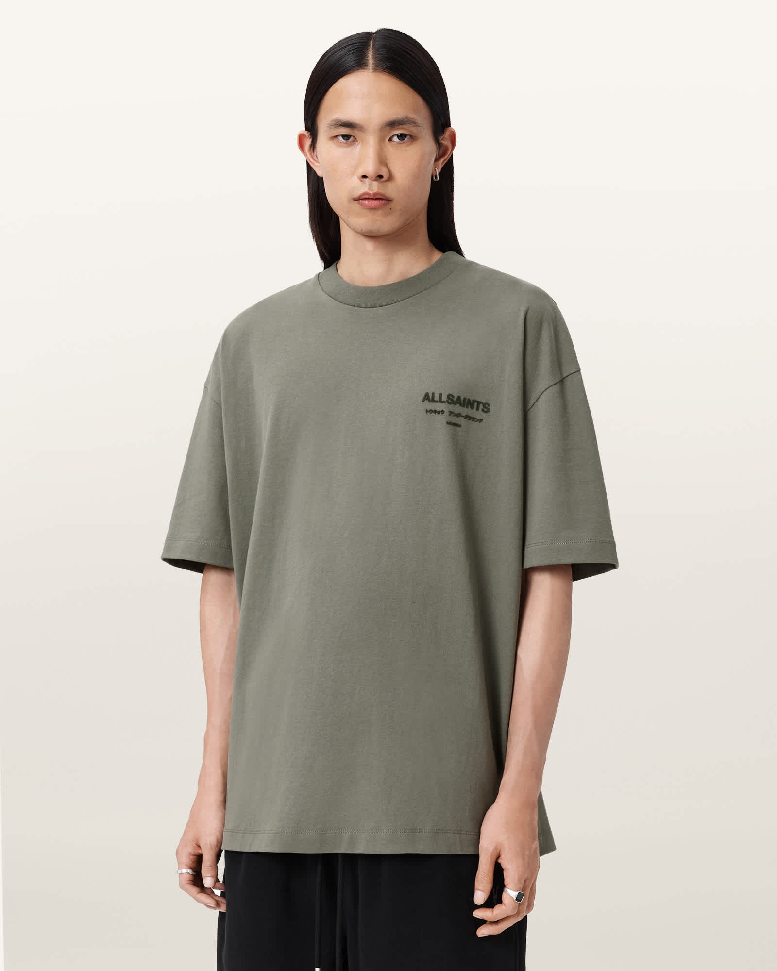 AllSaints Cotton Xander Flocked Logo Oversized T-Shirt, Size: M