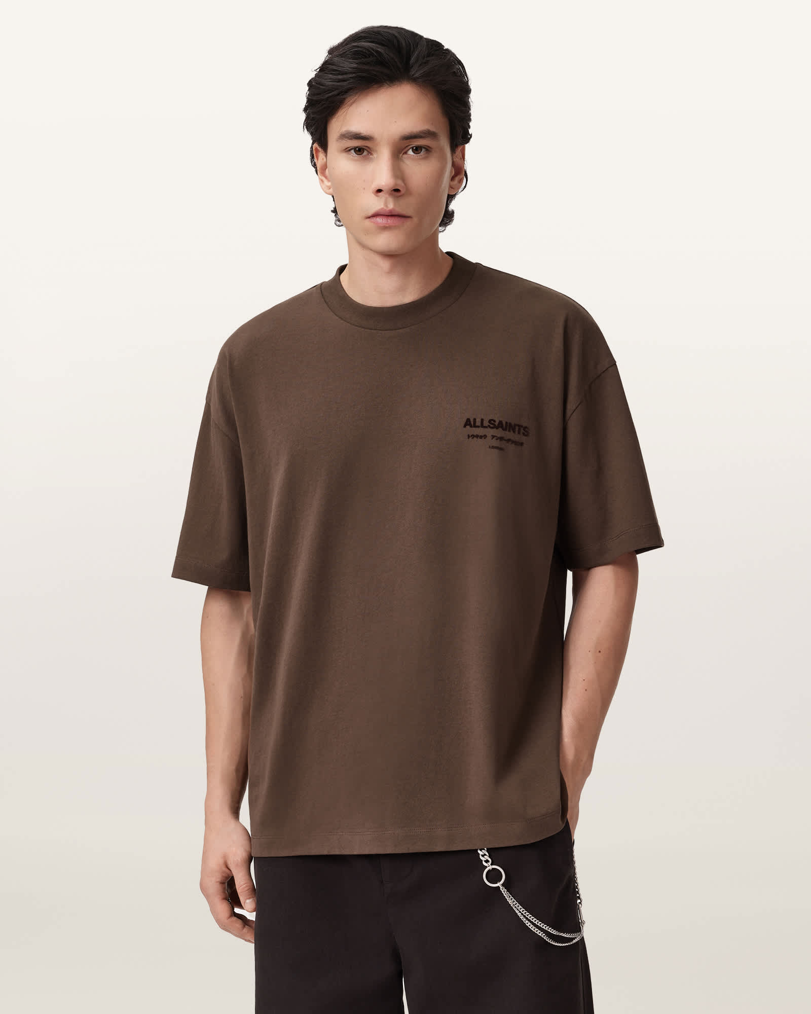 AllSaints Cotton Xander Flocked Logo Oversized T-Shirt, Size: XXL