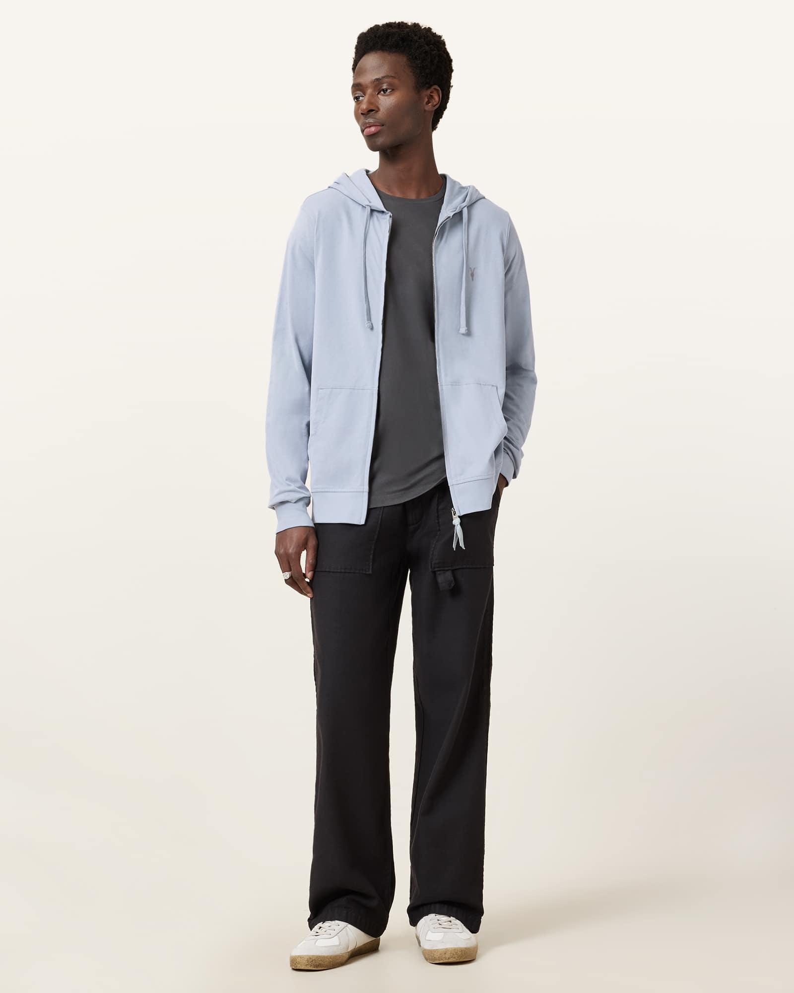 AllSaints Brace Zip Up Brushed Cotton Ramskull Hoodie,, Willow Blue
