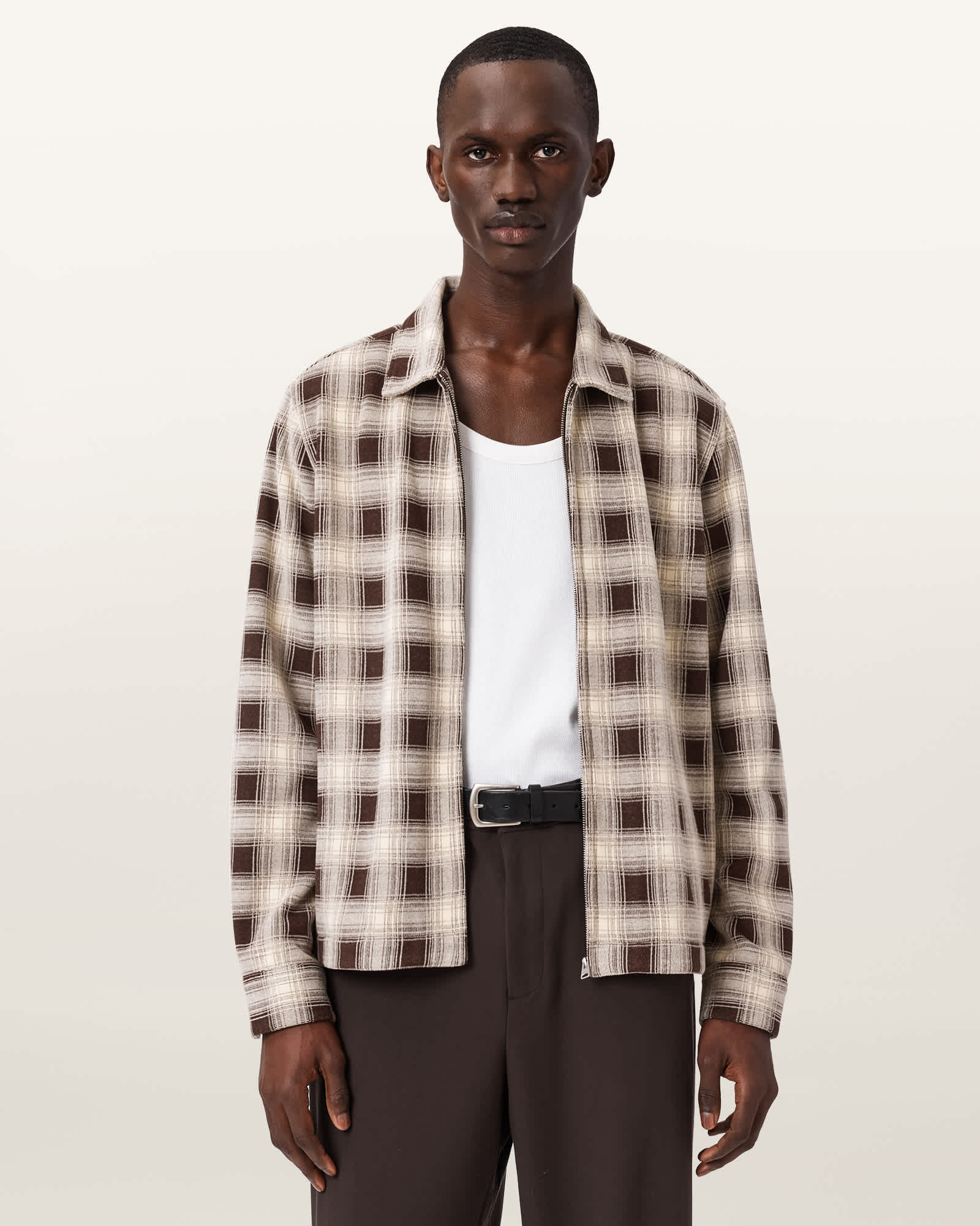 AllSaints Polyester Krater Checked Long Sleeve Shirt, Size: XL