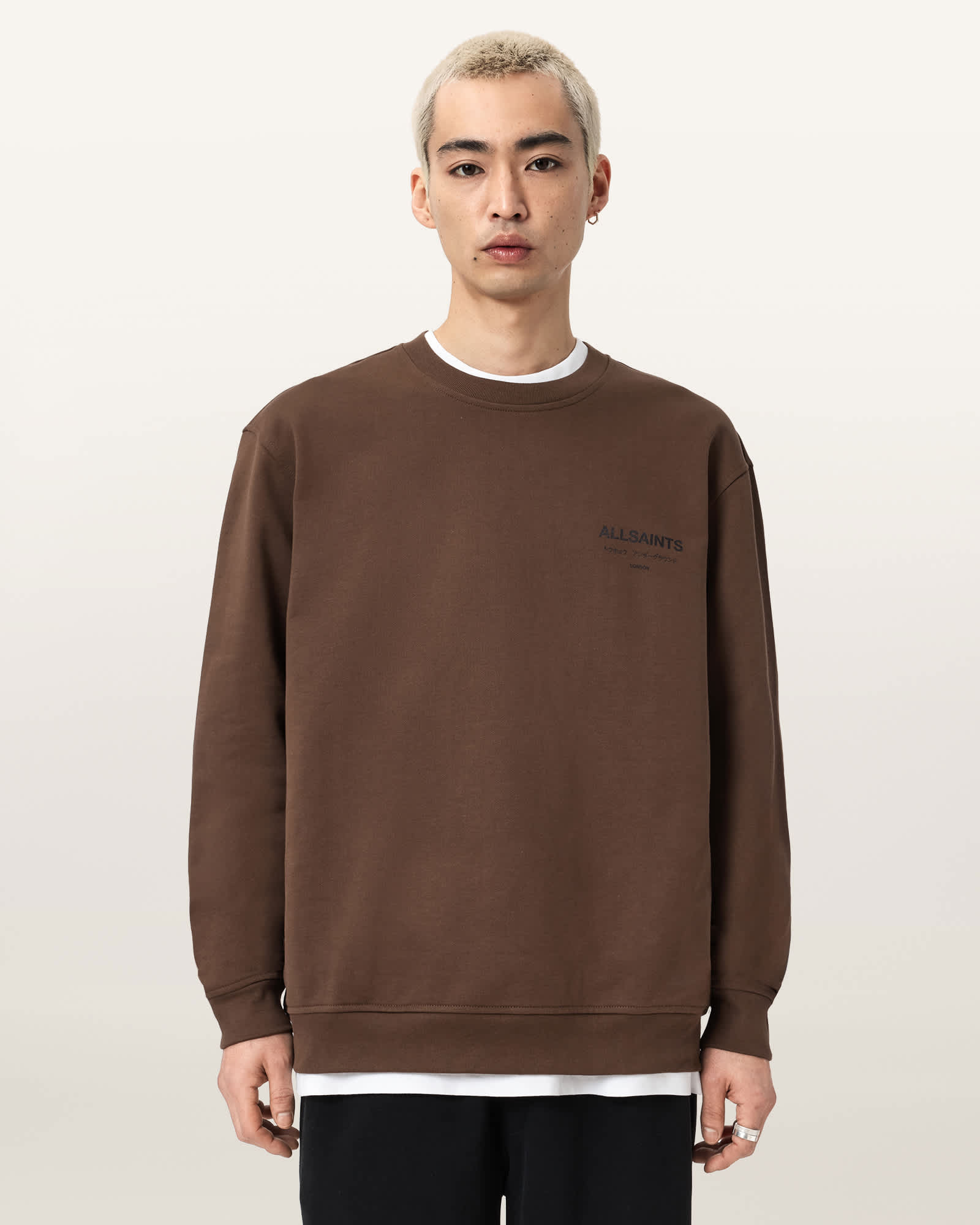 Allsaints Cotton Underground Relaxed Fit Crew Neck Sweatshirt In Brown