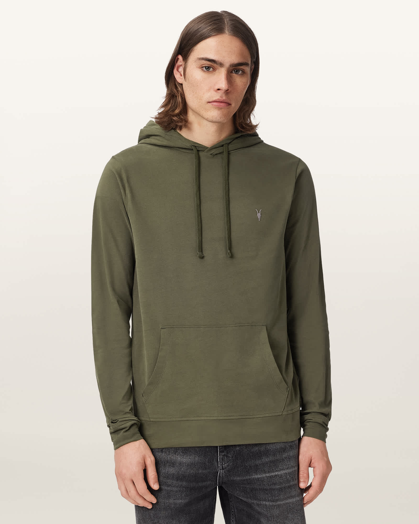Allsaints Men's Green Brace Pullover Brushed Cotton Ramskull Hoodie - Size  M