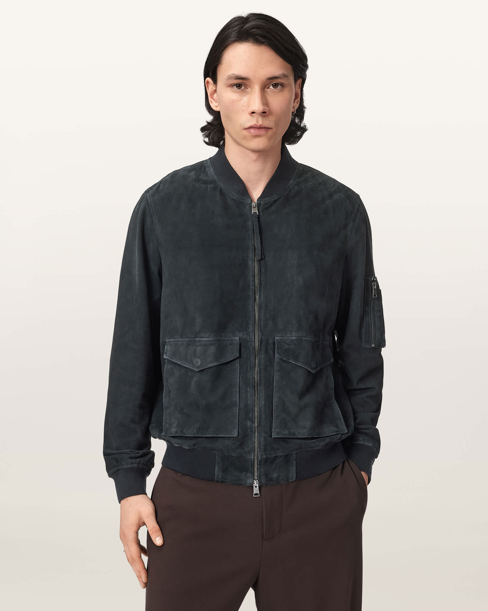 Allsaints Men's Blue Rokko Relaxed Suede Bomber Jacket - Size  Xs