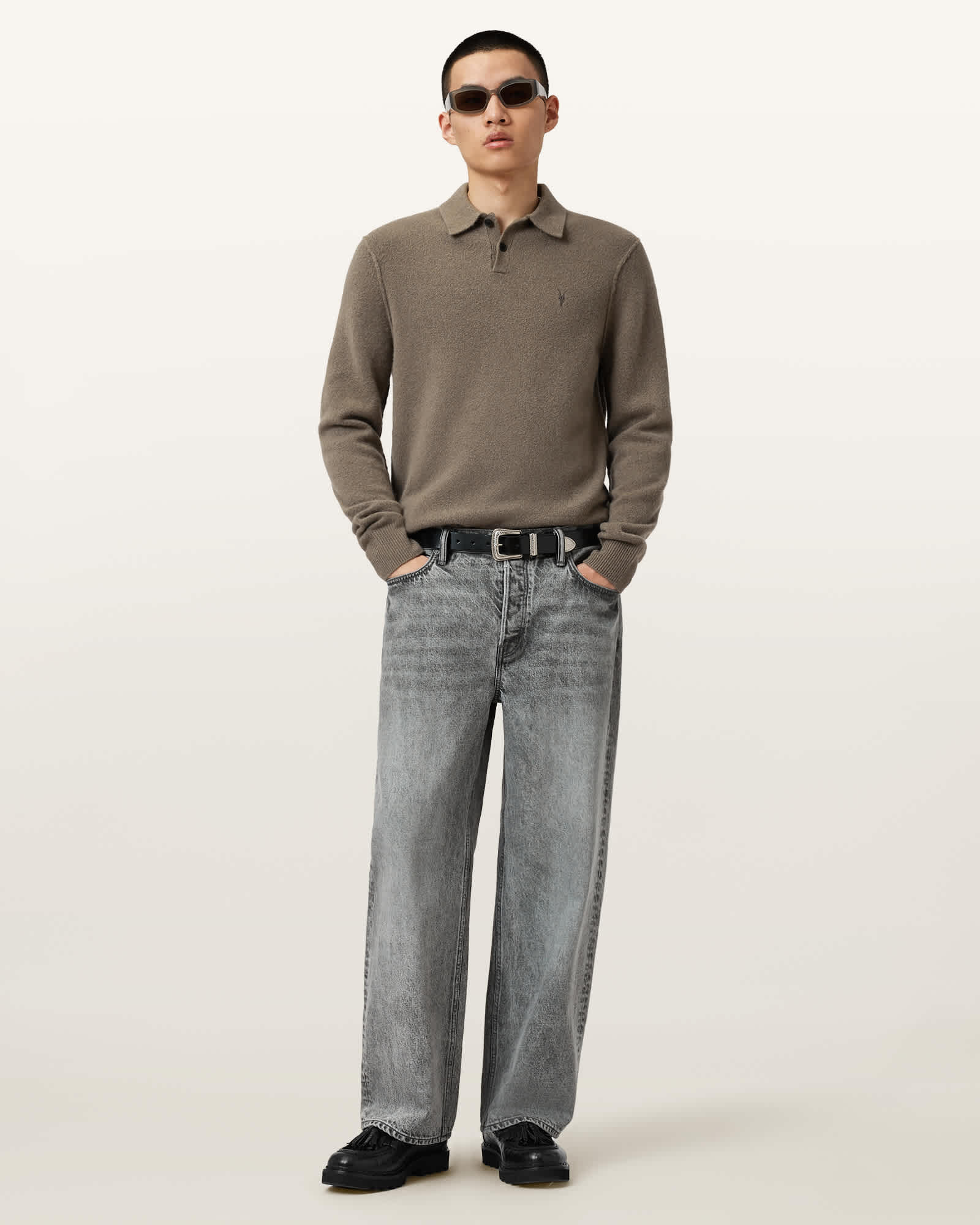 Allsaints Mens Dusky Green Statten Logo-embroidered Regular-fit Cotton Polo Shirt In Gray