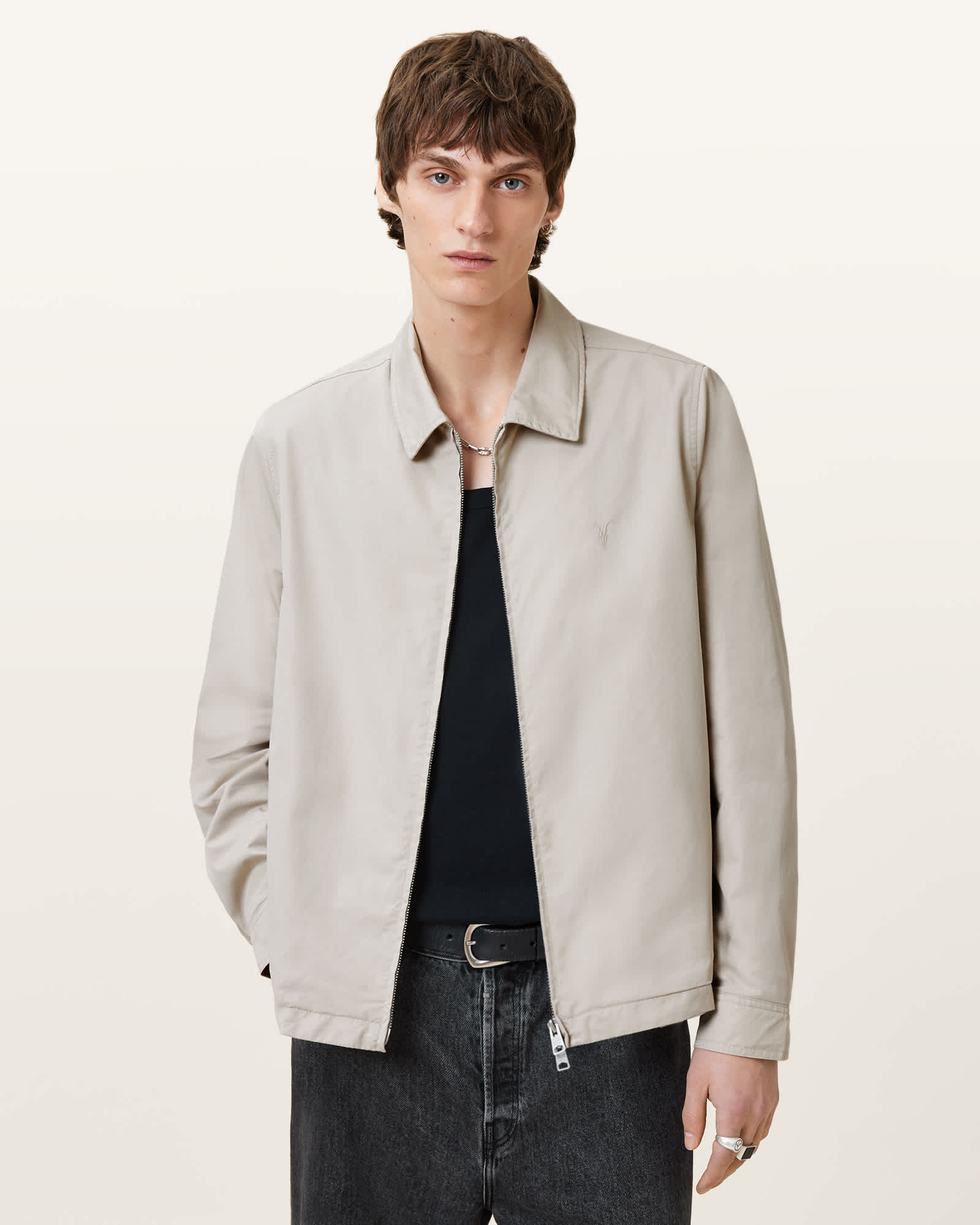 AllSaints Cotton Trey Taupe Ramskull Pointed Collar Jacket