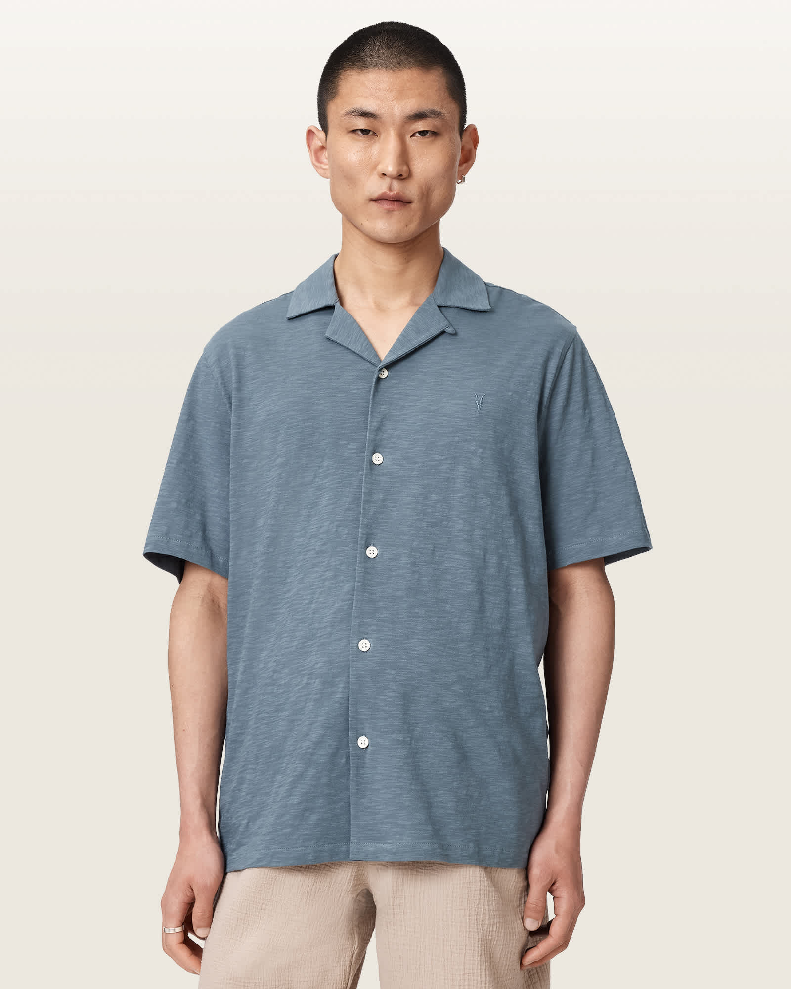 Allsaints Men's Blue Robson Short Sleeve Ramskull Shirt - Size  Xxl