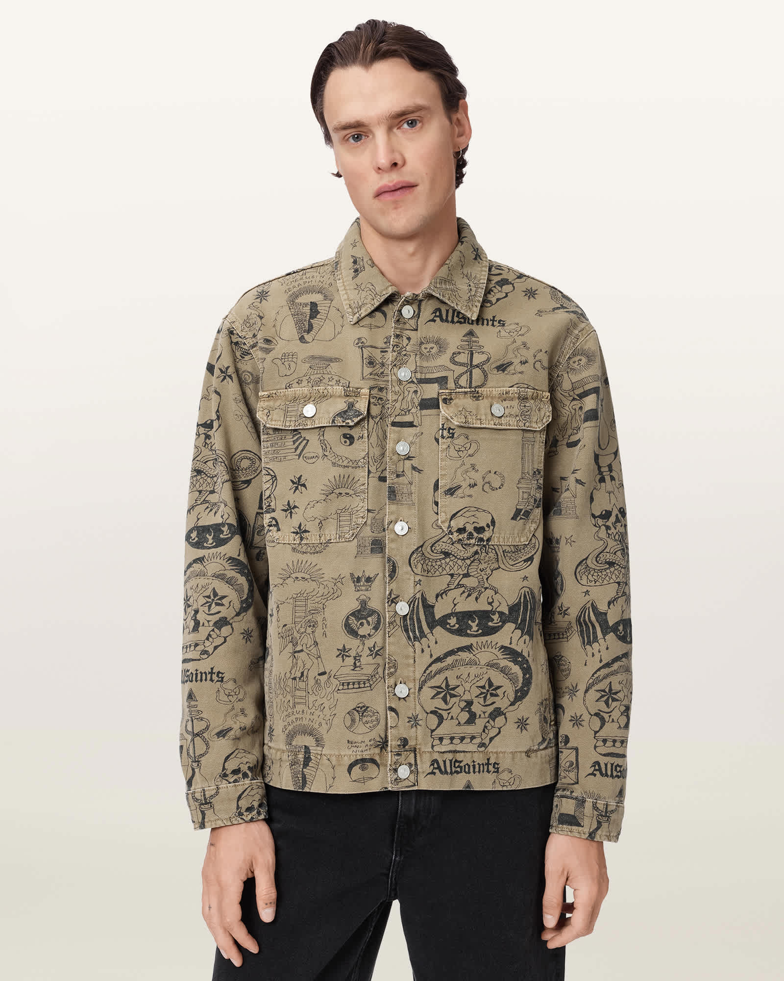 Allsaints Men's Brown Sherb Printed Canvas Shacket - Size  Xxl