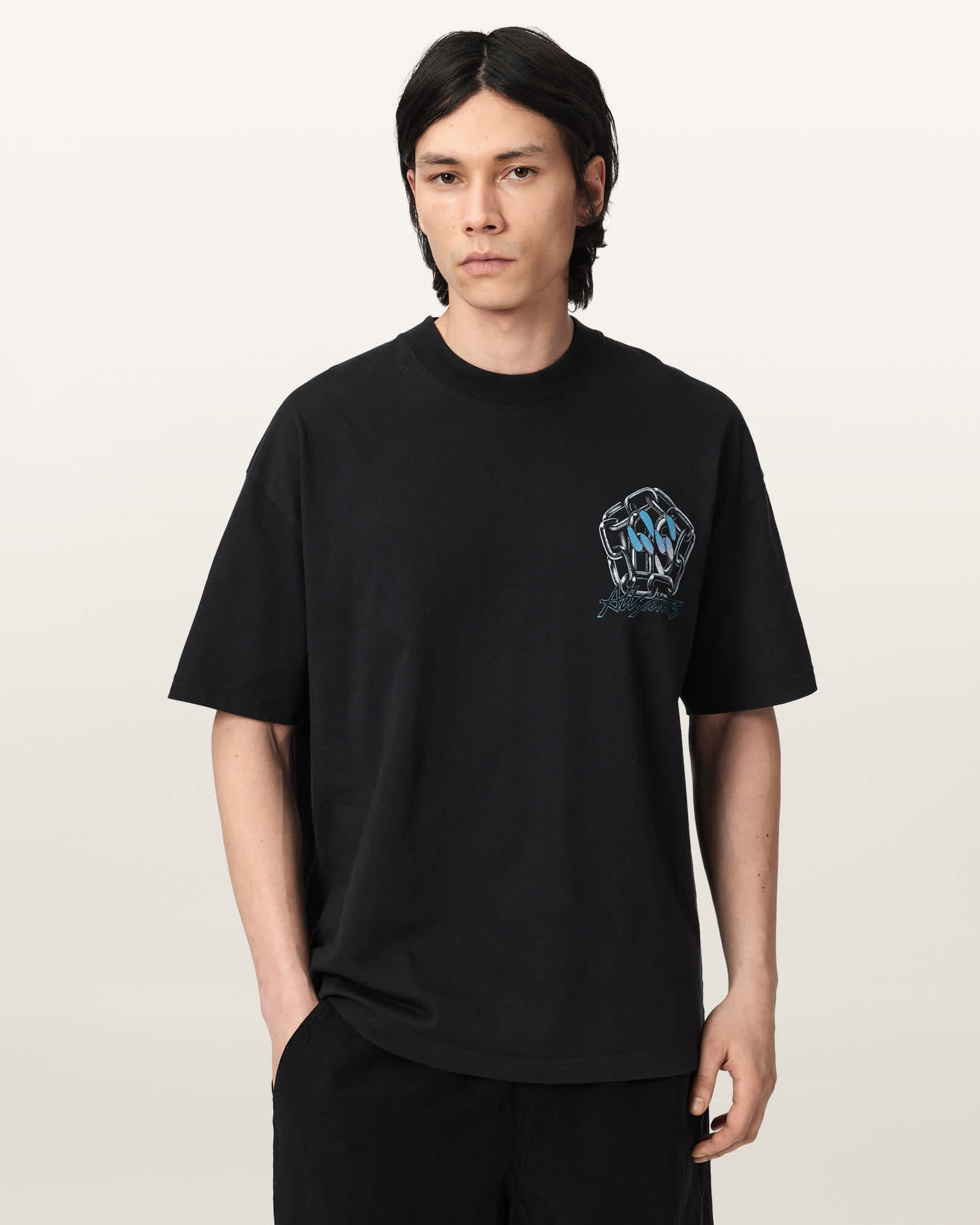 Allsaints Men's Black Affix Short Sleeve Oversized T-Shirt - Size  Xl