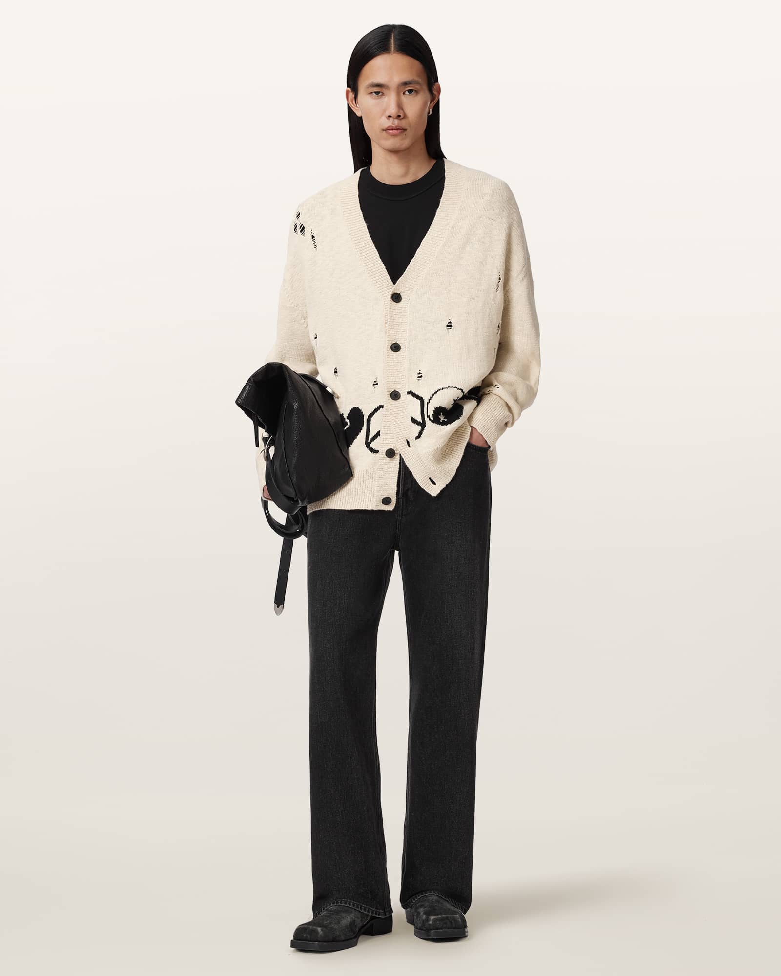 Allsaints Men's White Tabua Oversized Jacquard Cardigan - Size  Xxl