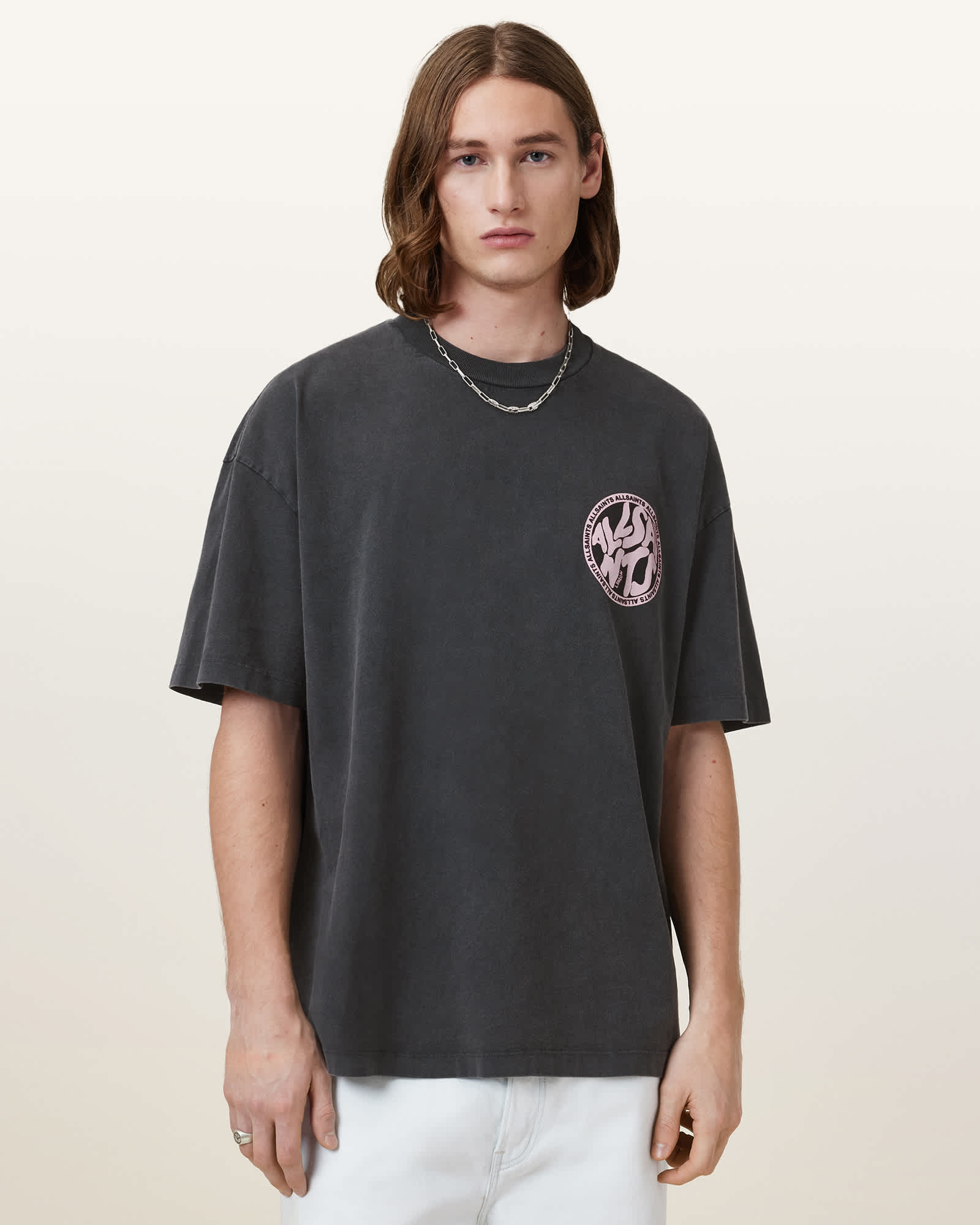 AllSaints Distortion Short Sleeve T-Shirt, Black/pink