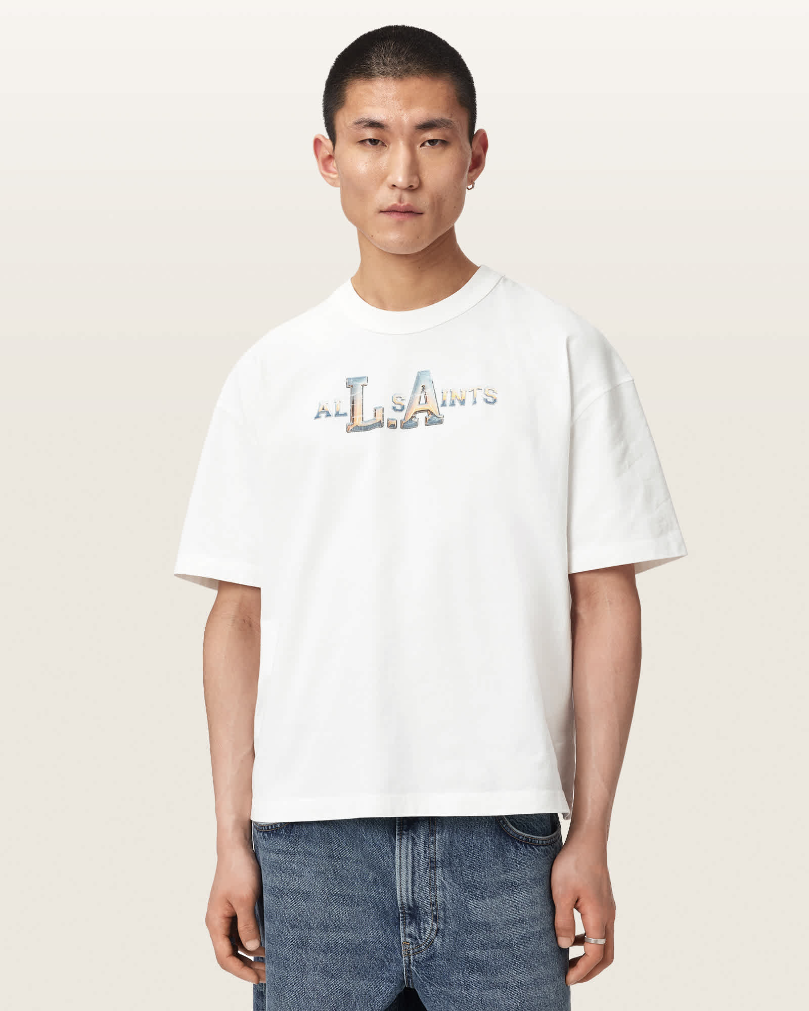 AllSaints Cotton Angelino Boxy Short Sleeve Graphic T-Shirt, Size: L