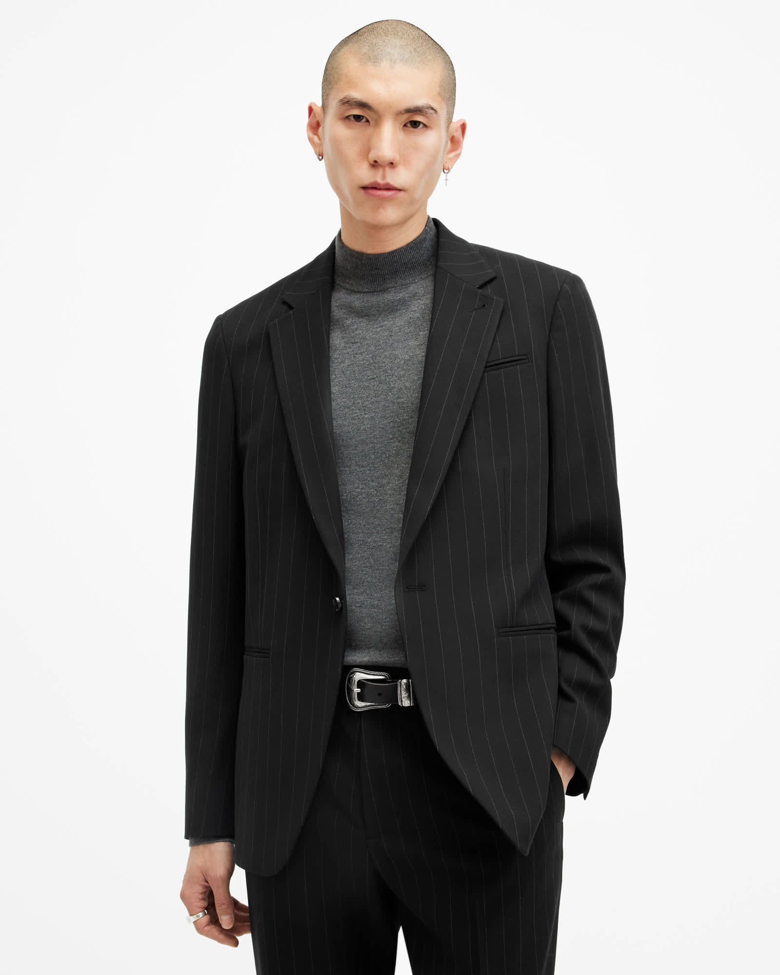 AllSaints Polyester/Viscose Heddon Relaxed Fit Pinstripe Blazer, Size: 44