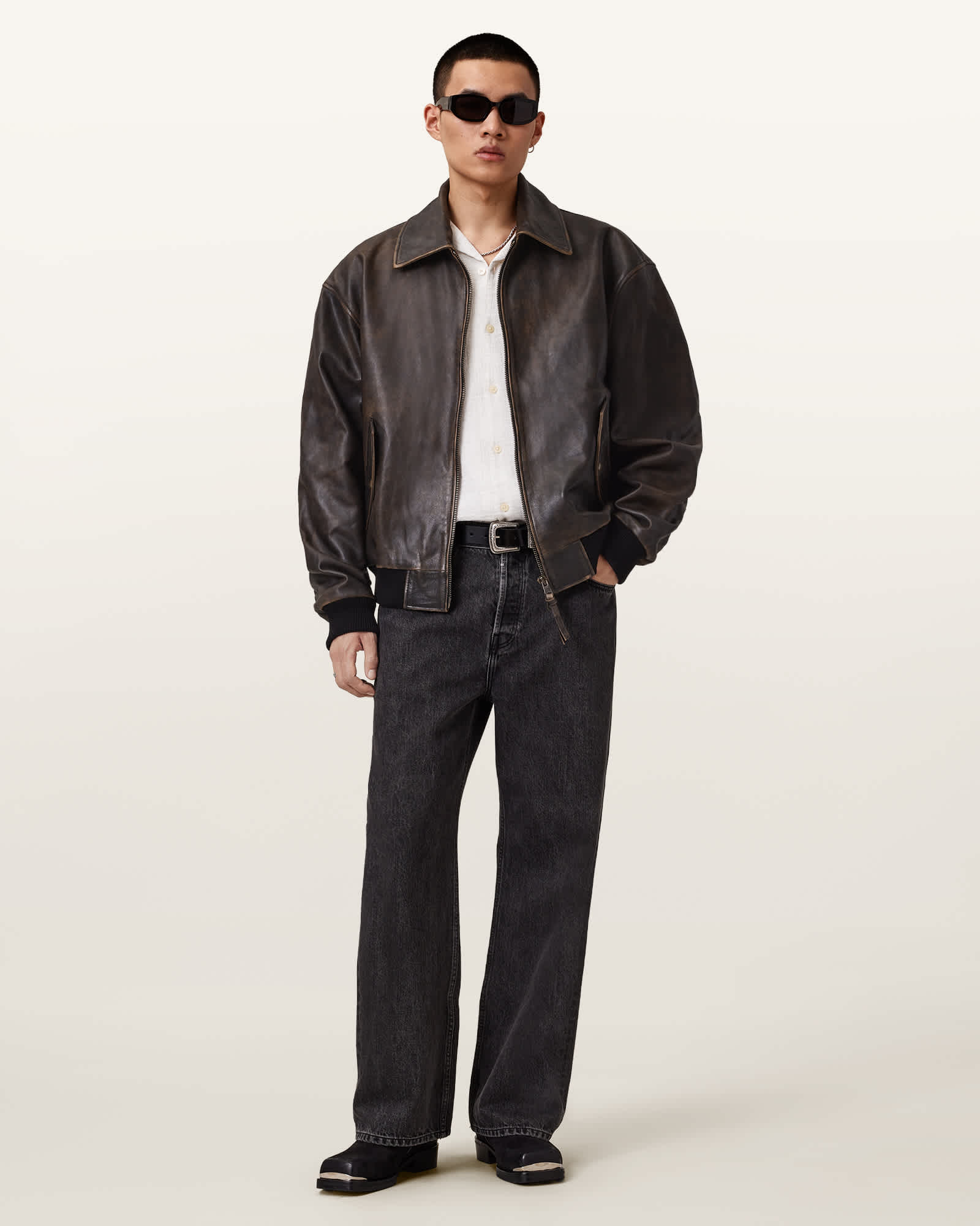 Allsaints Men's Black Marco Oversized Leather Bomber Jacket - Size  Xxl
