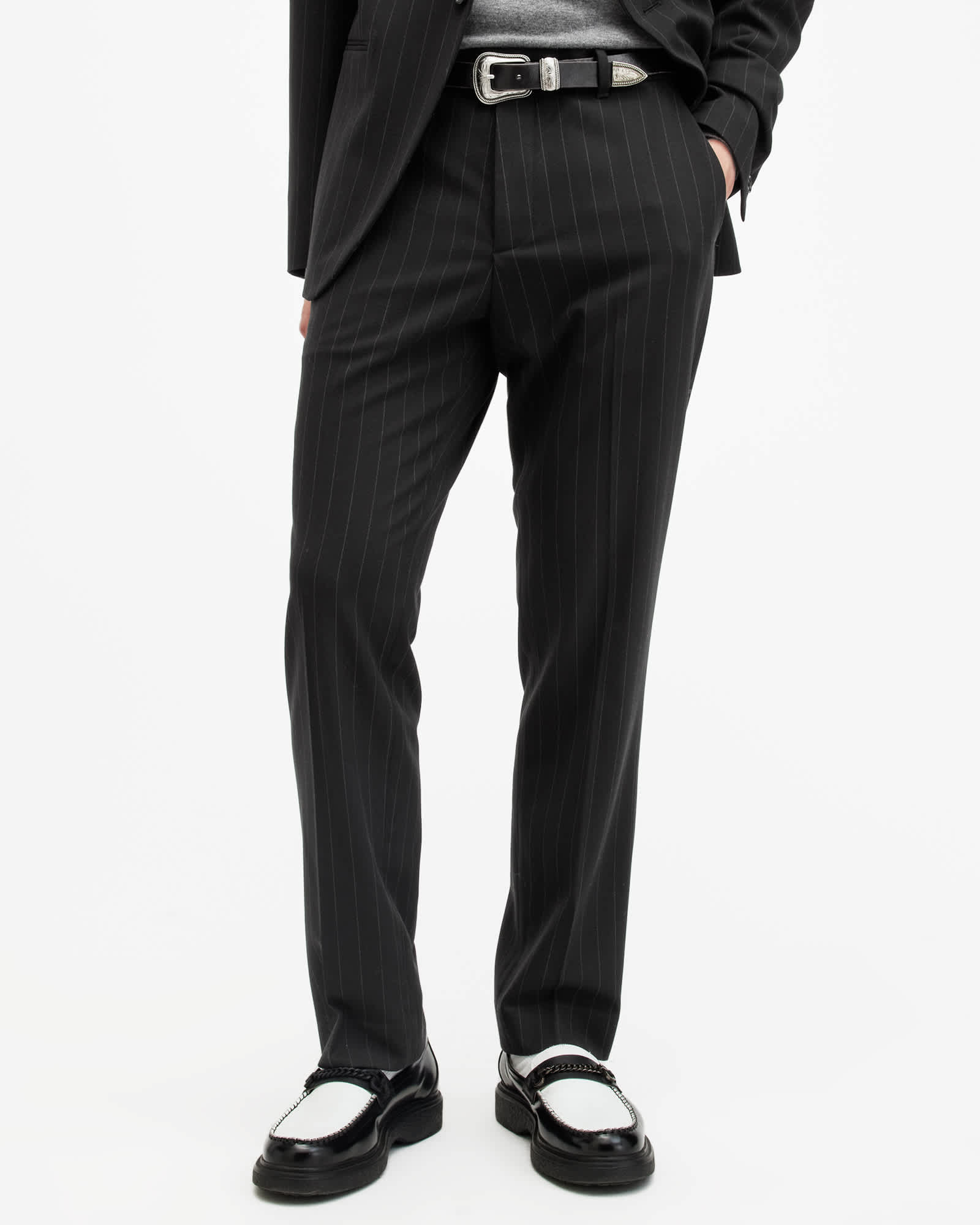 AllSaints Polyester Heddon Tailored Pinstripe Trousers, Size: 36