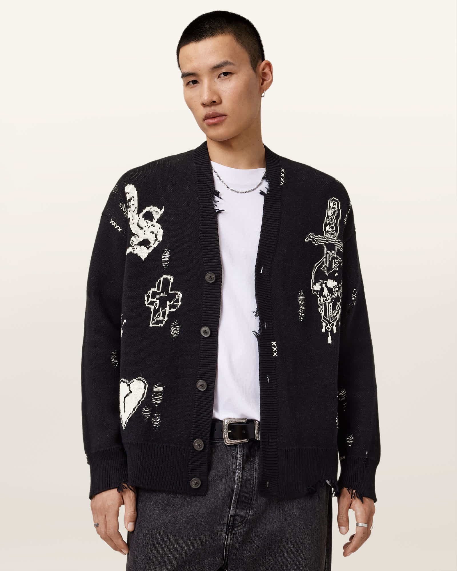 AllSaints Cotton Caledon Oversized Jacquard Cardigan, Size: XXL