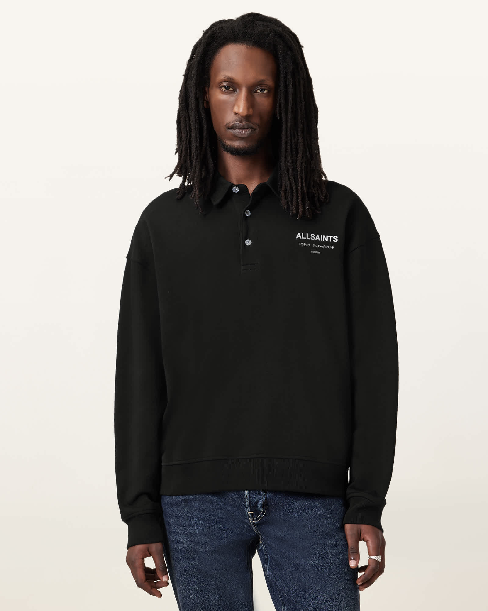 AllSaints Underground Oversized Fit Polo Neck Sweatshirt,, Jet Black