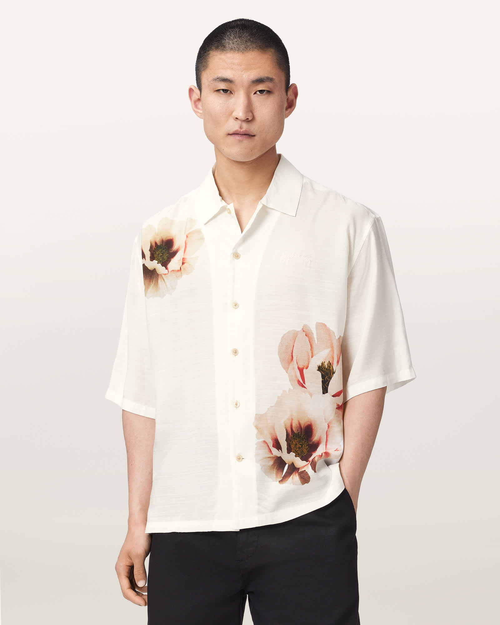 Allsaints Men's Ecru Floraison Short Sleeve Oversized Shirt - Size  Xxl