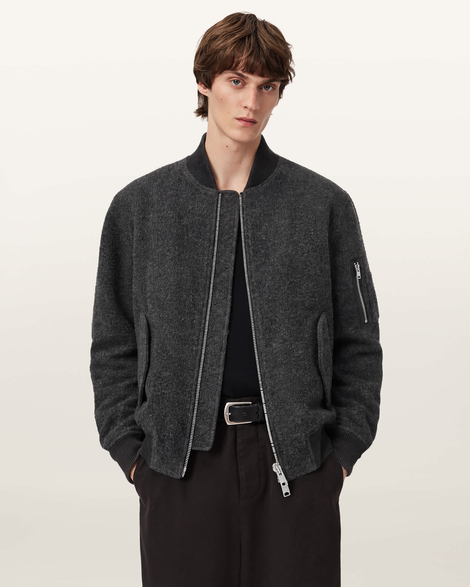 AllSaints Saku Wool Bomber Jacket,, Charcoal Grey