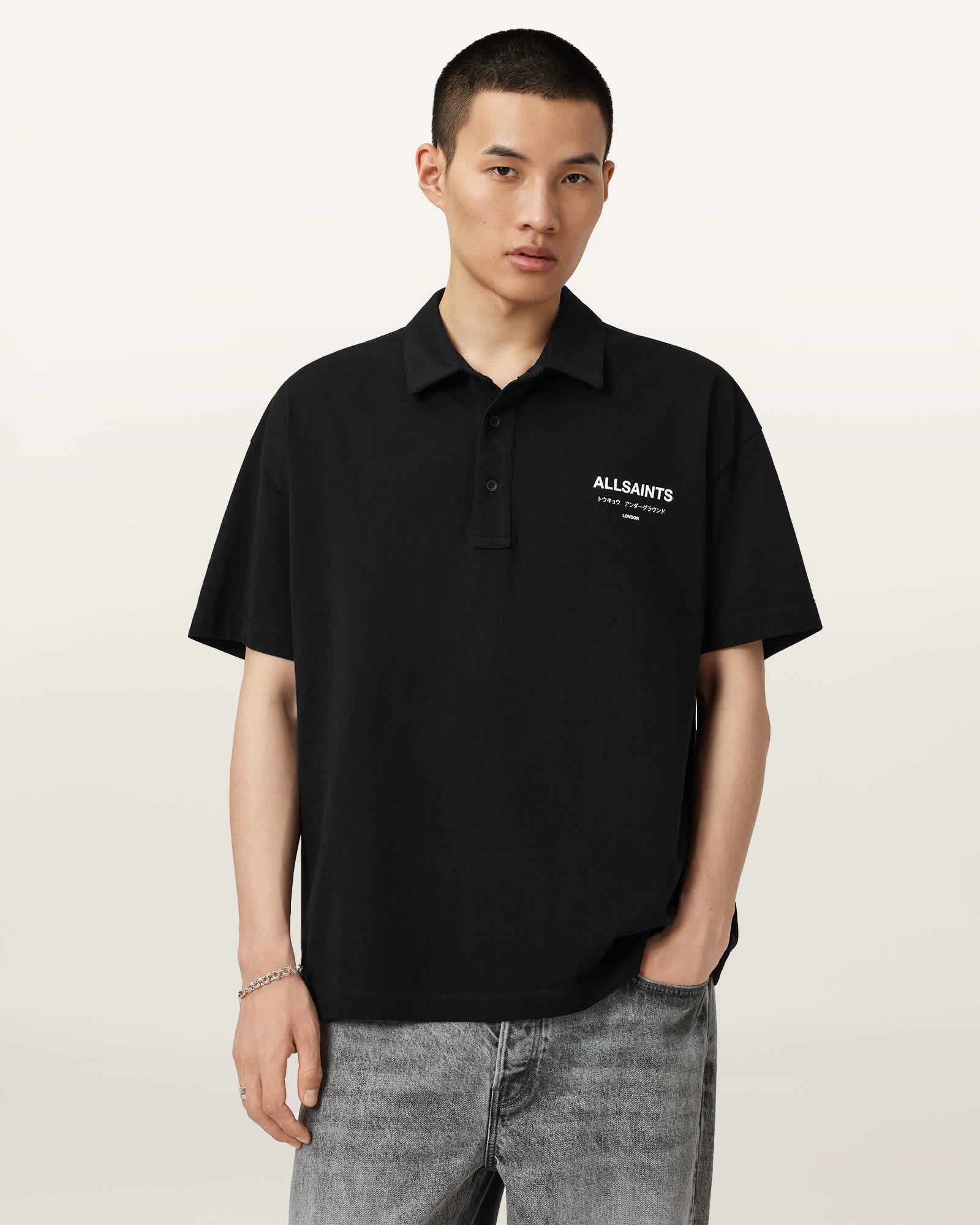 AllSaints Underground Logo Oversized Fit Polo Shirt,, Jet Black