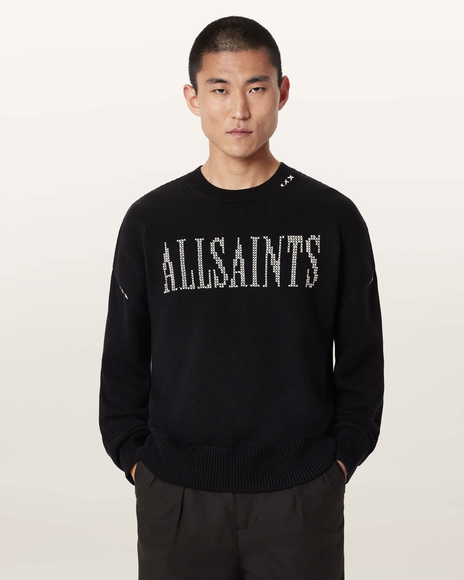 AllSaints Crossed Oversized Crew Neck Embroidered Sweater
