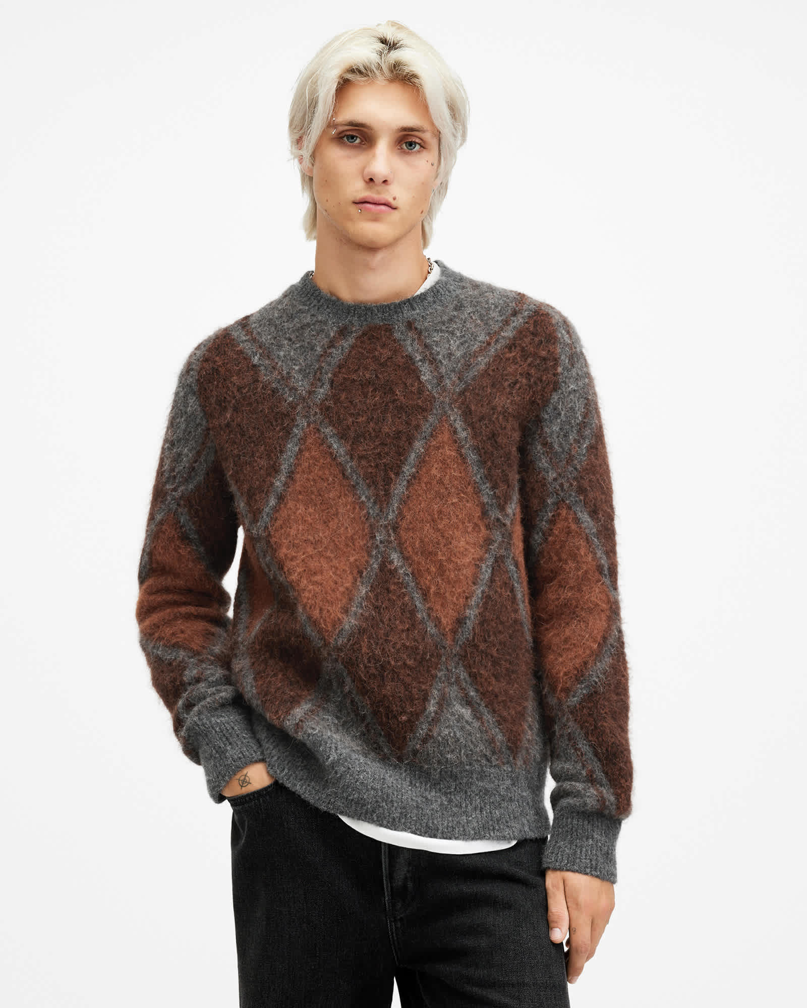 Allsaints Men's Mord Argyle Relaxed Fit Jumper - Size  Xxl