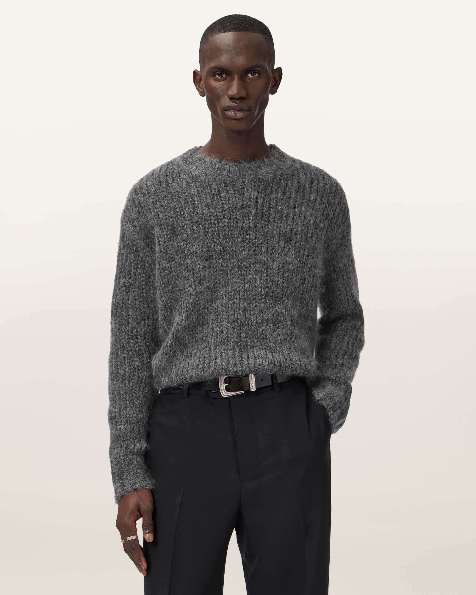 Allsaints Mens Charcoal Grey Myles Oversized-fit Mohair-blend Jumper Xs In Gray
