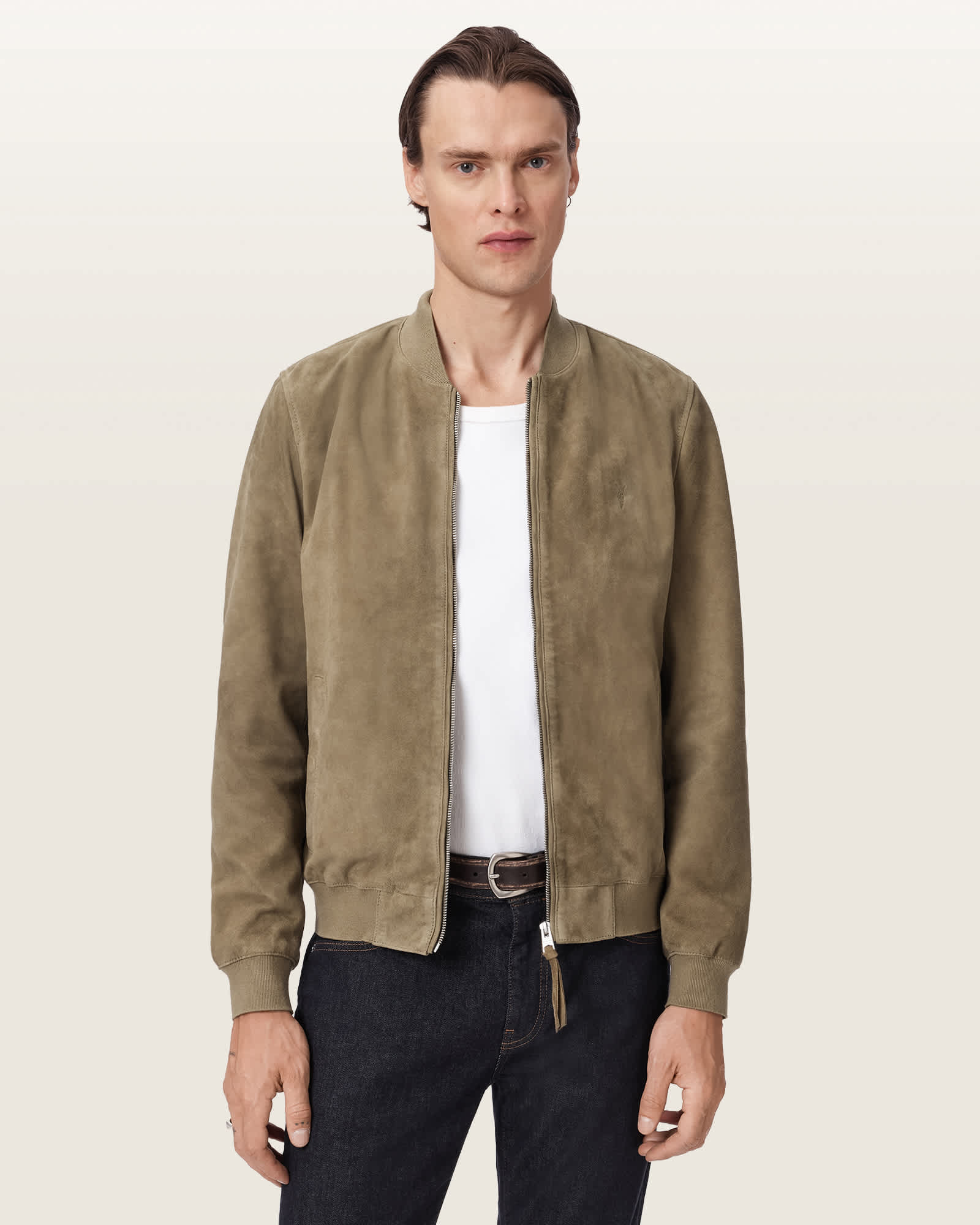 Allsaints Men's Green Morten Relaxed Fit Suede Bomber Jacket - Size  Xs