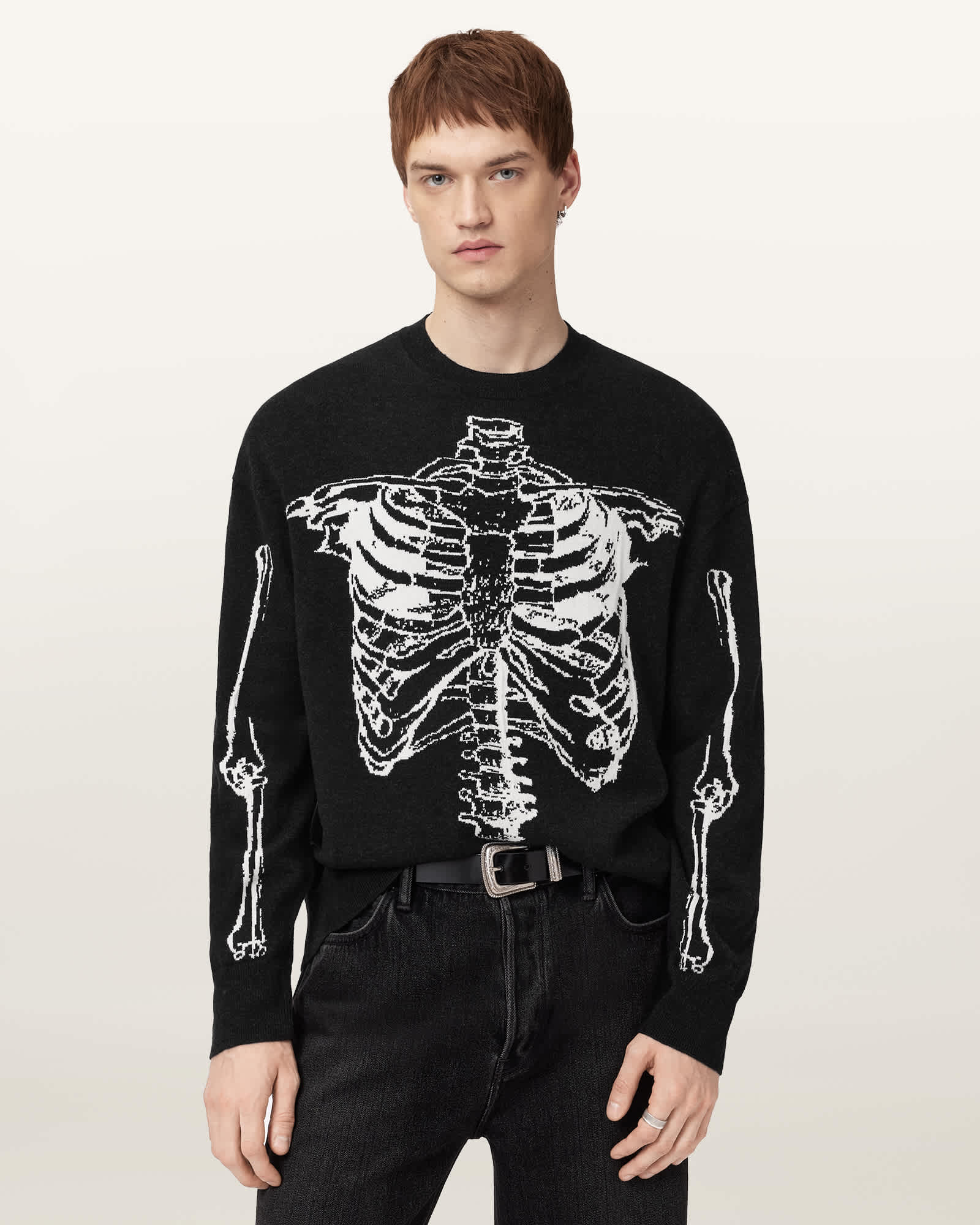 Allsaints Mens Black Skelli Graphic-print Long-sleeve Wool-blend Jumper Xs In Black