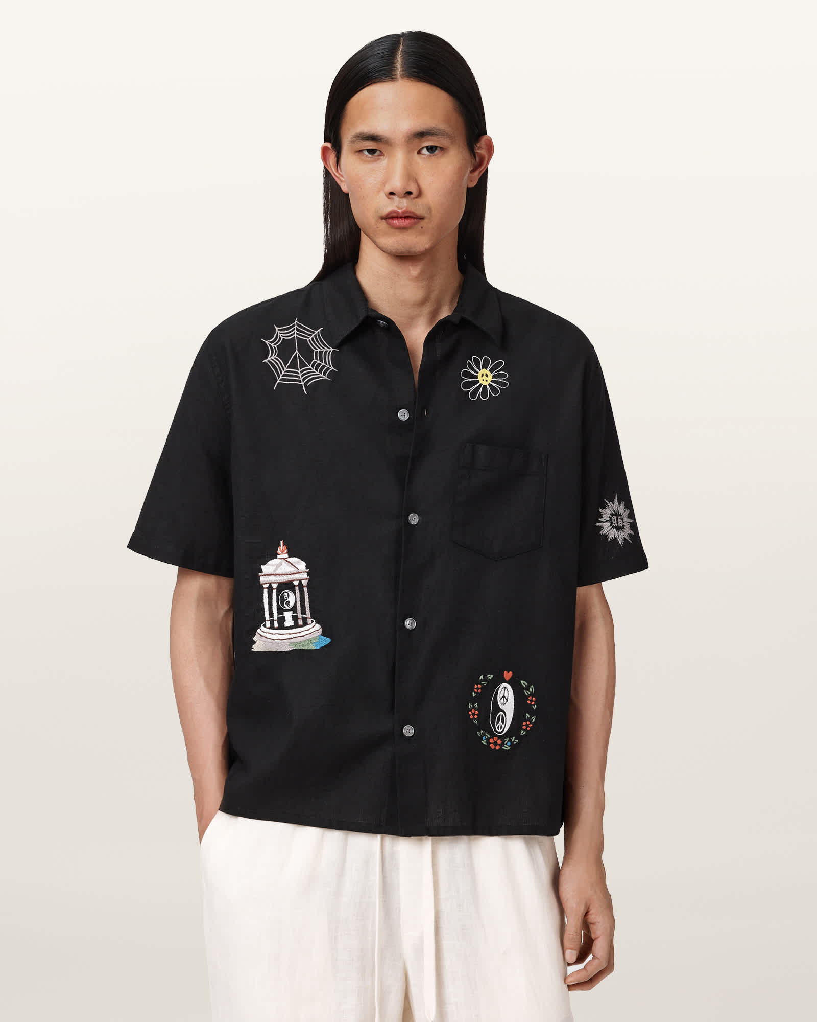 AllSaints Linen/Cotton Karlton Embroidered Boxy Shirt, Size: XXL